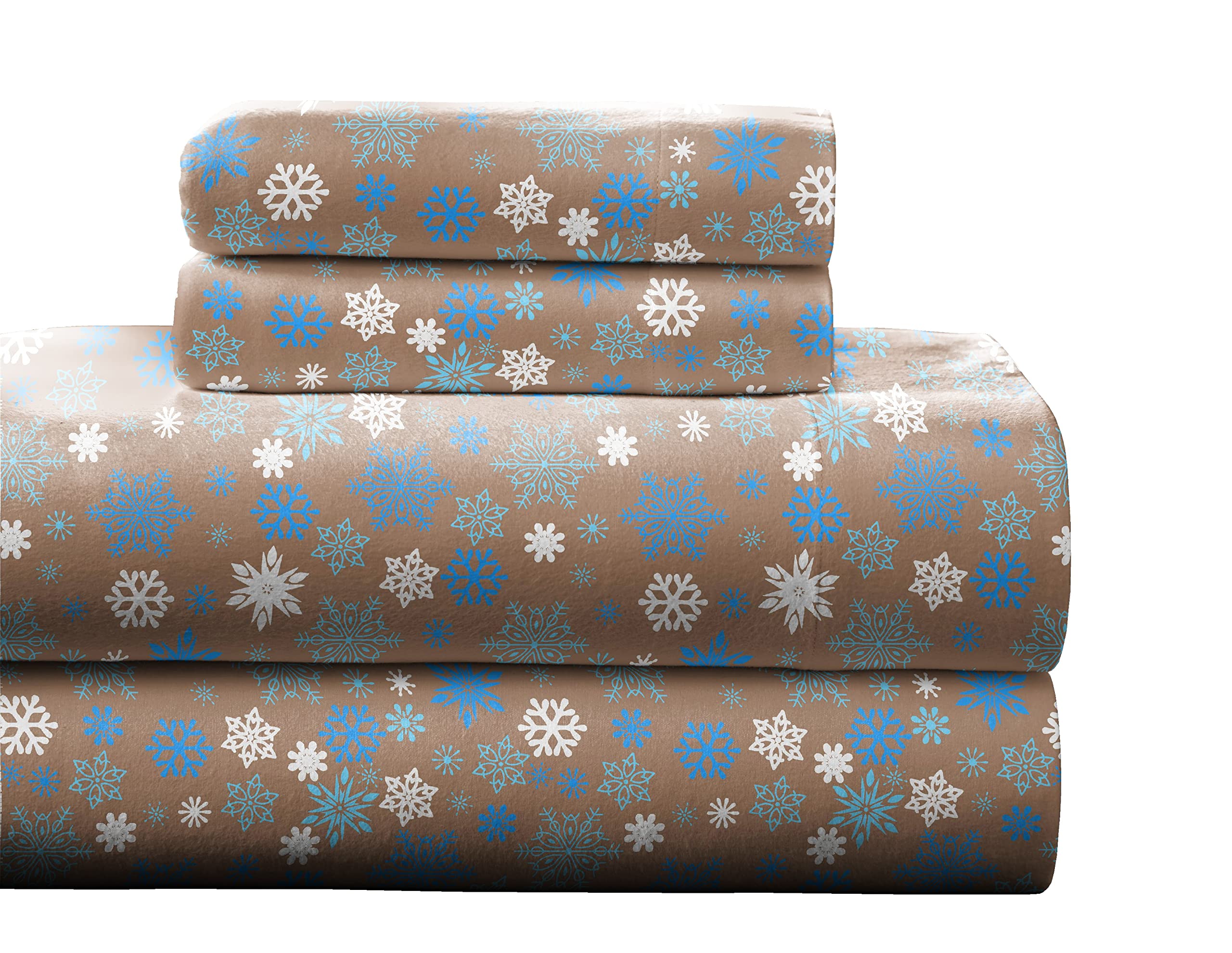 Pointehaven Heavy Weight Flannel Cotton Sheet Set,1 Piece Queen, Snow Flakes/Tan