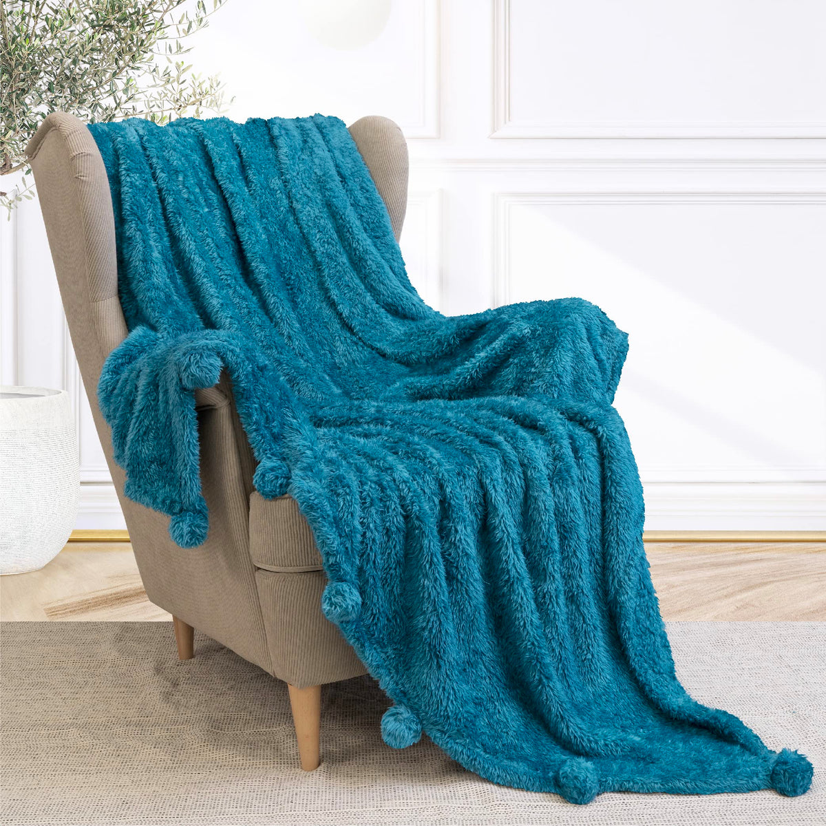 Pavilia Teal Blue Sherpa Throw Blanket With Soft Pom Pom Fringe, Plush Cozy Warm Blankets For Couch Bed Sofa, Fuzzy Fleece Throw