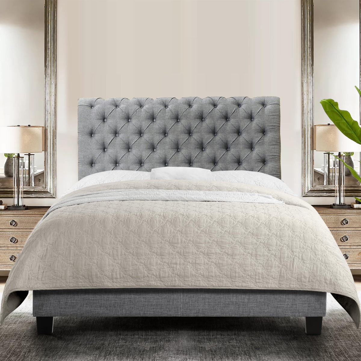 Rosevera Corrine Upholstered Bed Frame With Button Tufting Headboard/Adjustable Headboard/Rolled Head Headboard Bed Frame/Wood S