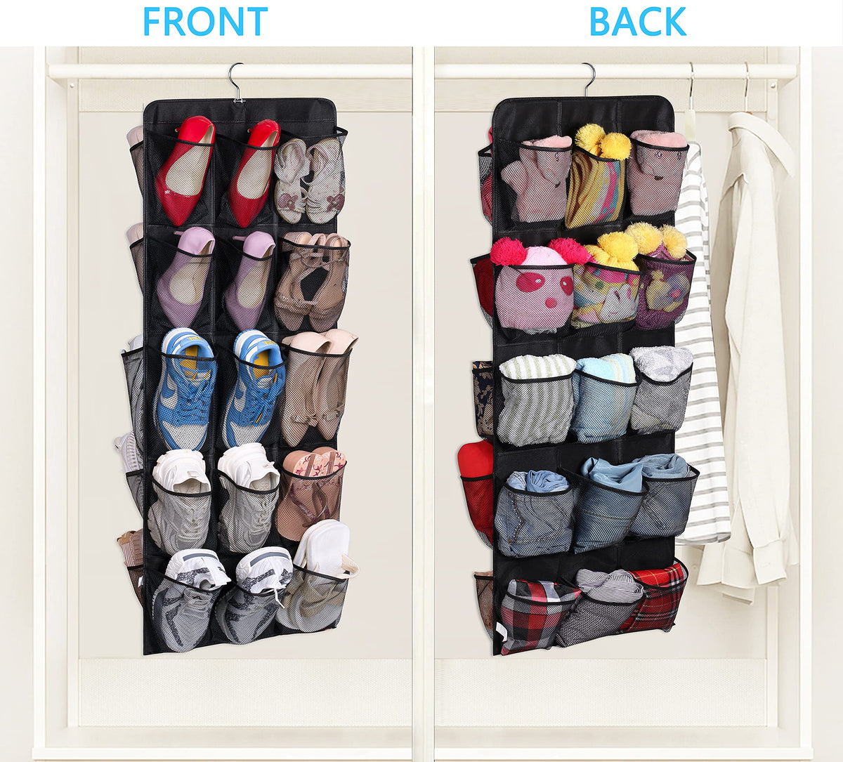 Misslo 30 Large Pockets Dual Sided Hanging Shoe Rack For Closet Organizer With Rotating Hanger Hanging Shoe Shelves, Black