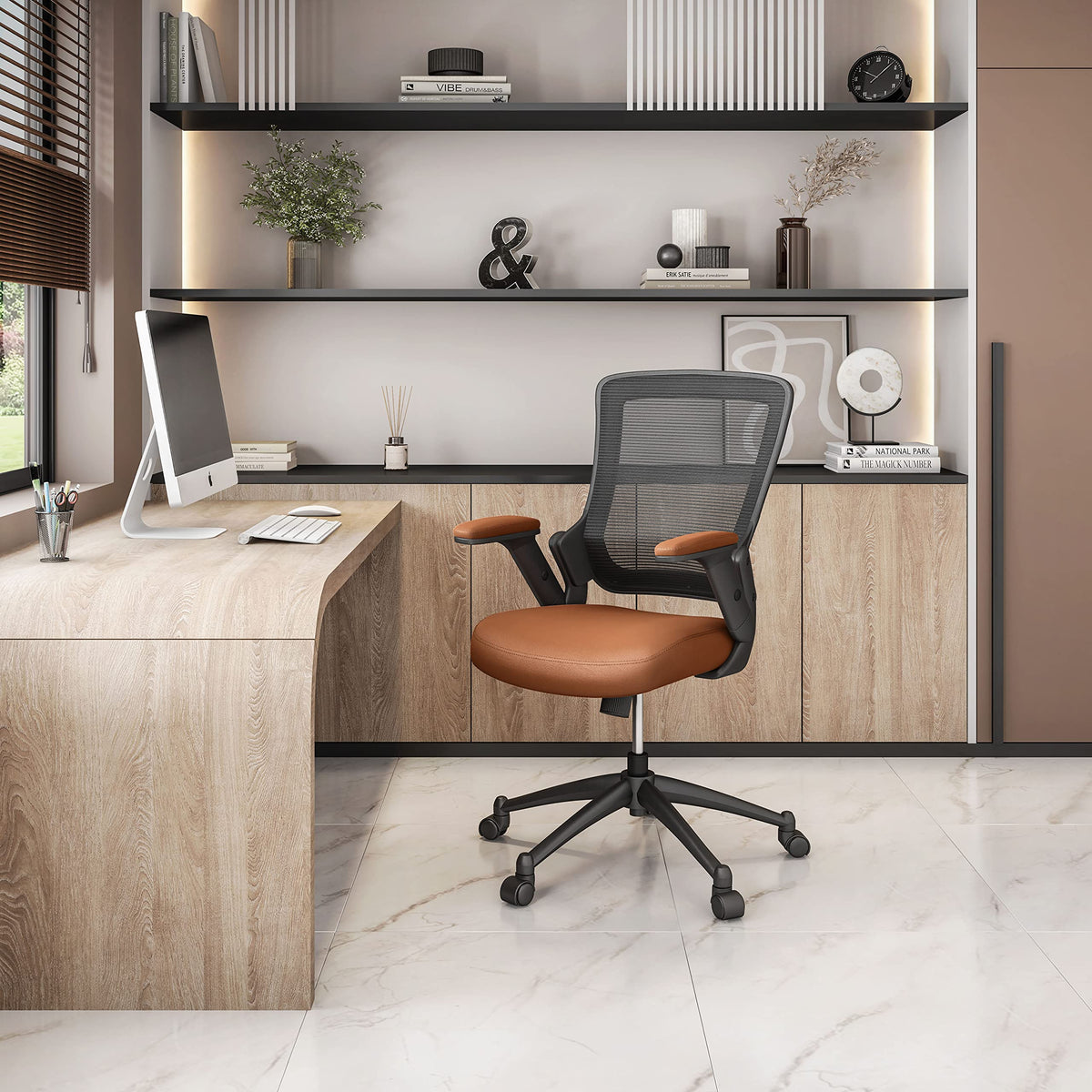 Ergonomic Office Chair with Mesh Back Rest, Height Adjustable with Flip Up Arms and Swivel, Mid-Back Task Home Office Chair, Brown