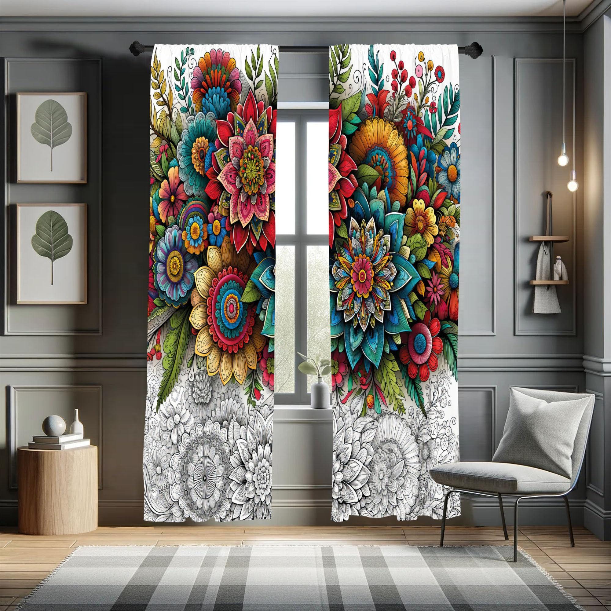 Ambesonne Modern Window Curtains Pack Of 2, Jumble Colors Illustration Of Oriental Floral Motif With Greenery Leaves, Lightweigh