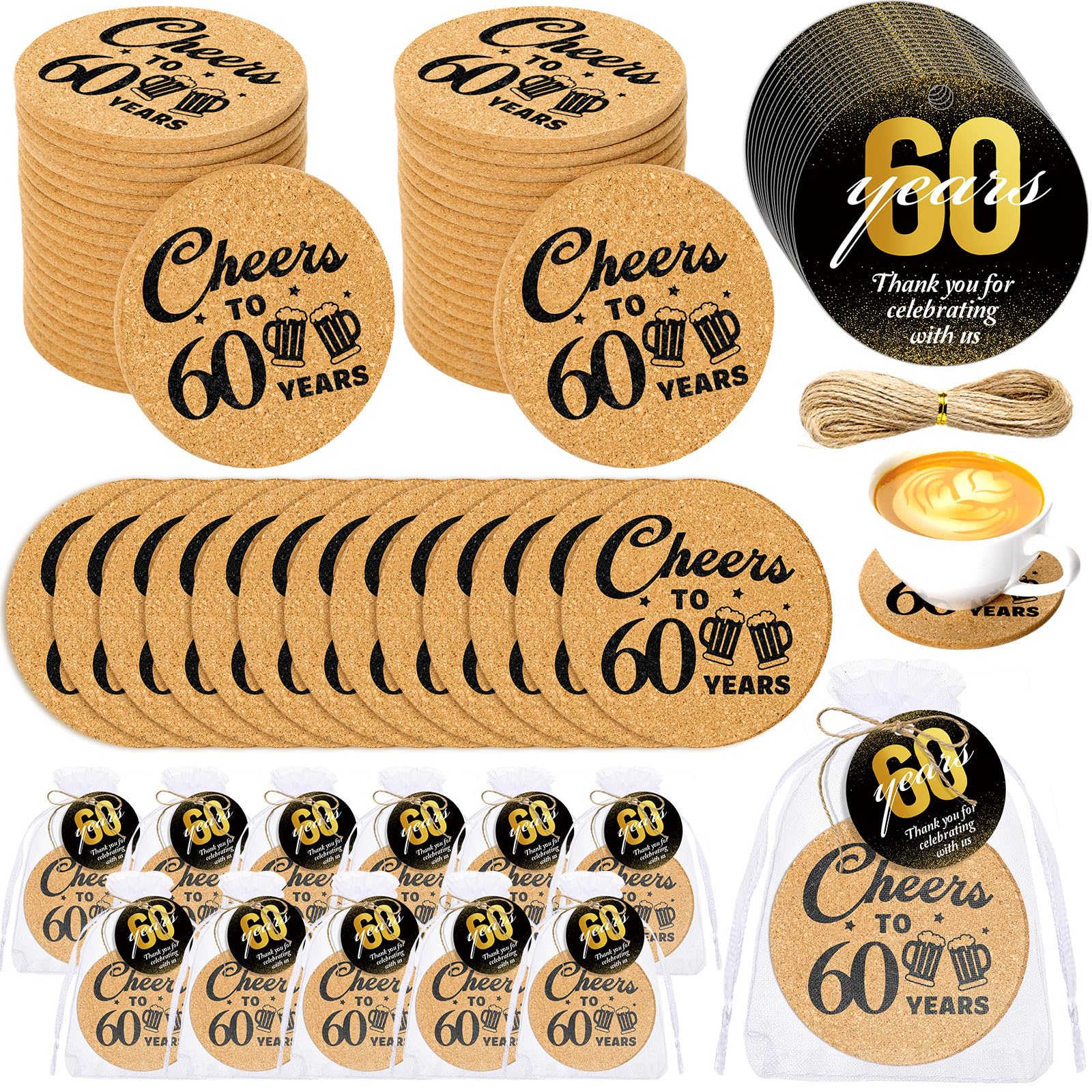 Sieral 50 Sets 60th Birthday Party Favors for Guests Cheers to 60 Years Anniversary Cork Coasters with Cards Twine and Organza G