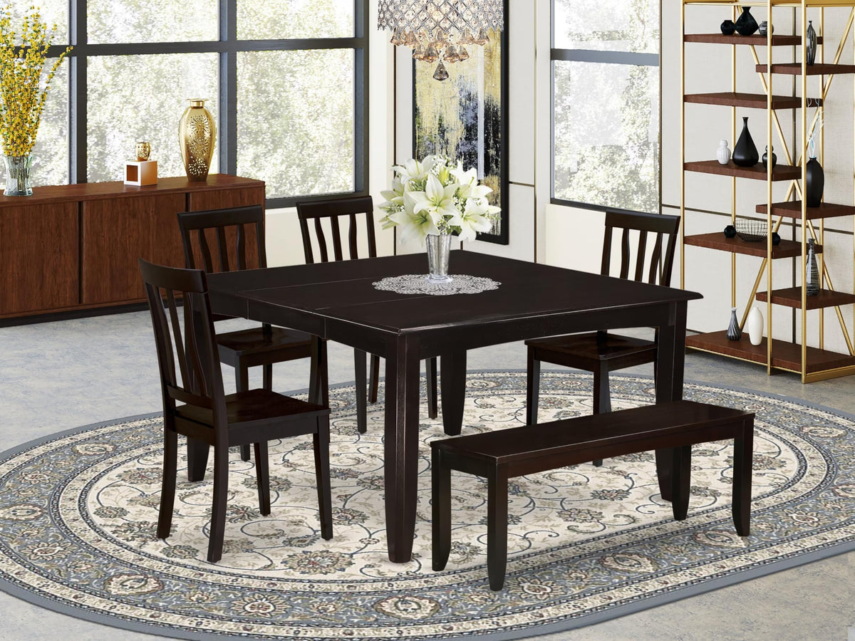 East West Furniture PFAN6-CAP-W 6 Piece Dining Set Contains a Square Dining Room Table with Butterfly Leaf and 4 Kitchen Chairs with a Bench, 54x54 Inch, Cappuccino