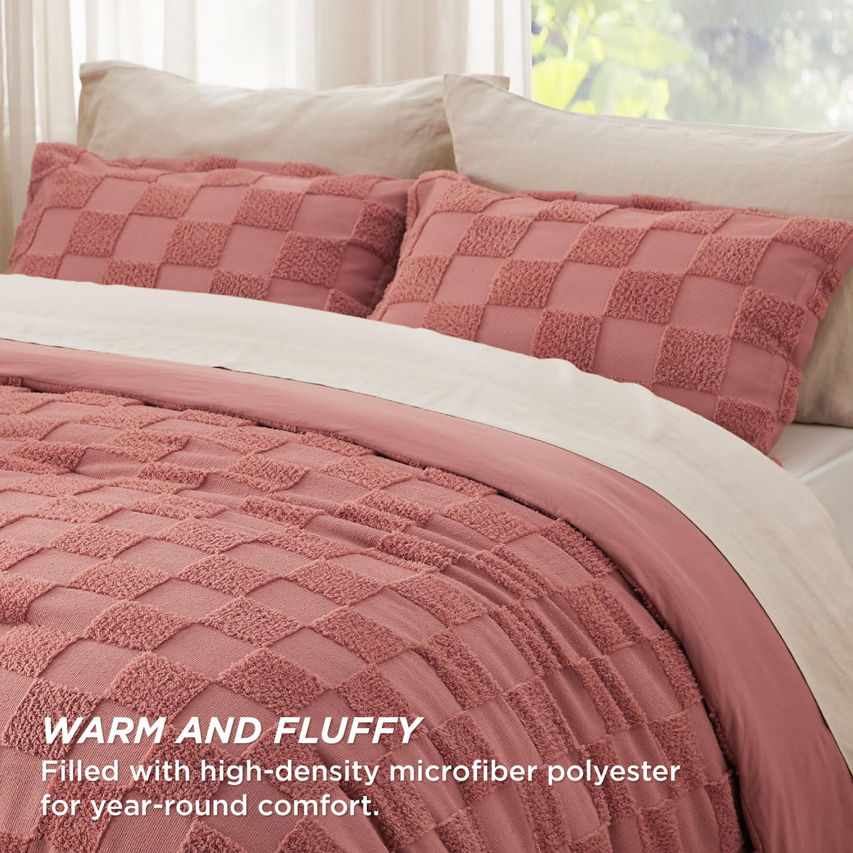 Bedsure Twin/Twin Xl Comforter Set Grayish Pink, Boho Tufted Bedding Comforter Set, Checkered Farmhouse Shabby Chic Bed Set, 2 Pieces, 1 Plaid Geometric Comforter And 1 Pillow Sham