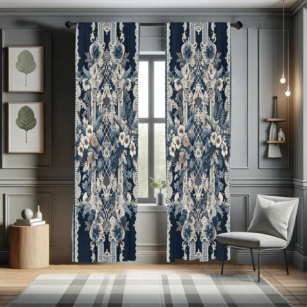 Ambesonne Victorian Curtains, Cold Tone Lace Pattern with Floral Curlicue Leaves Baroque Tile Art, Window Treatments 2 Panel Set