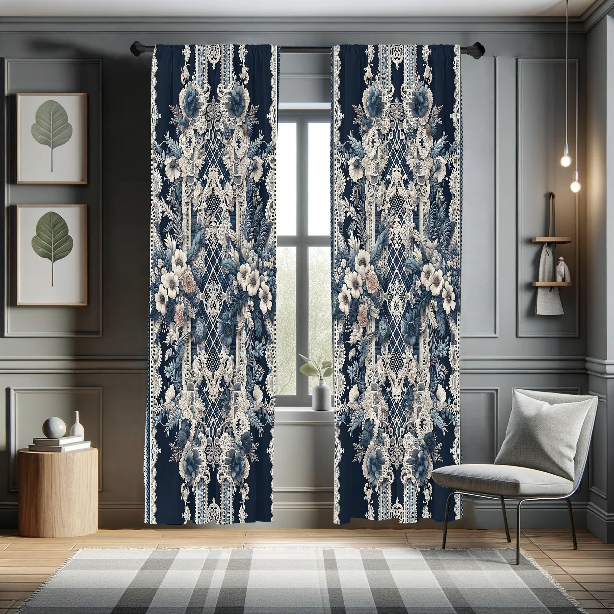 Ambesonne Victorian Curtains, Cold Tone Lace Pattern with Floral Curlicue Leaves Baroque Tile Art, Window Treatments 2 Panel Set
