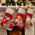 WEWILL Lovely Christmas Stockings Set of 3 Santa, Snowman, Reindeer, Xmas Character 3D Plush Linen Hanging Tag Knit Border for F
