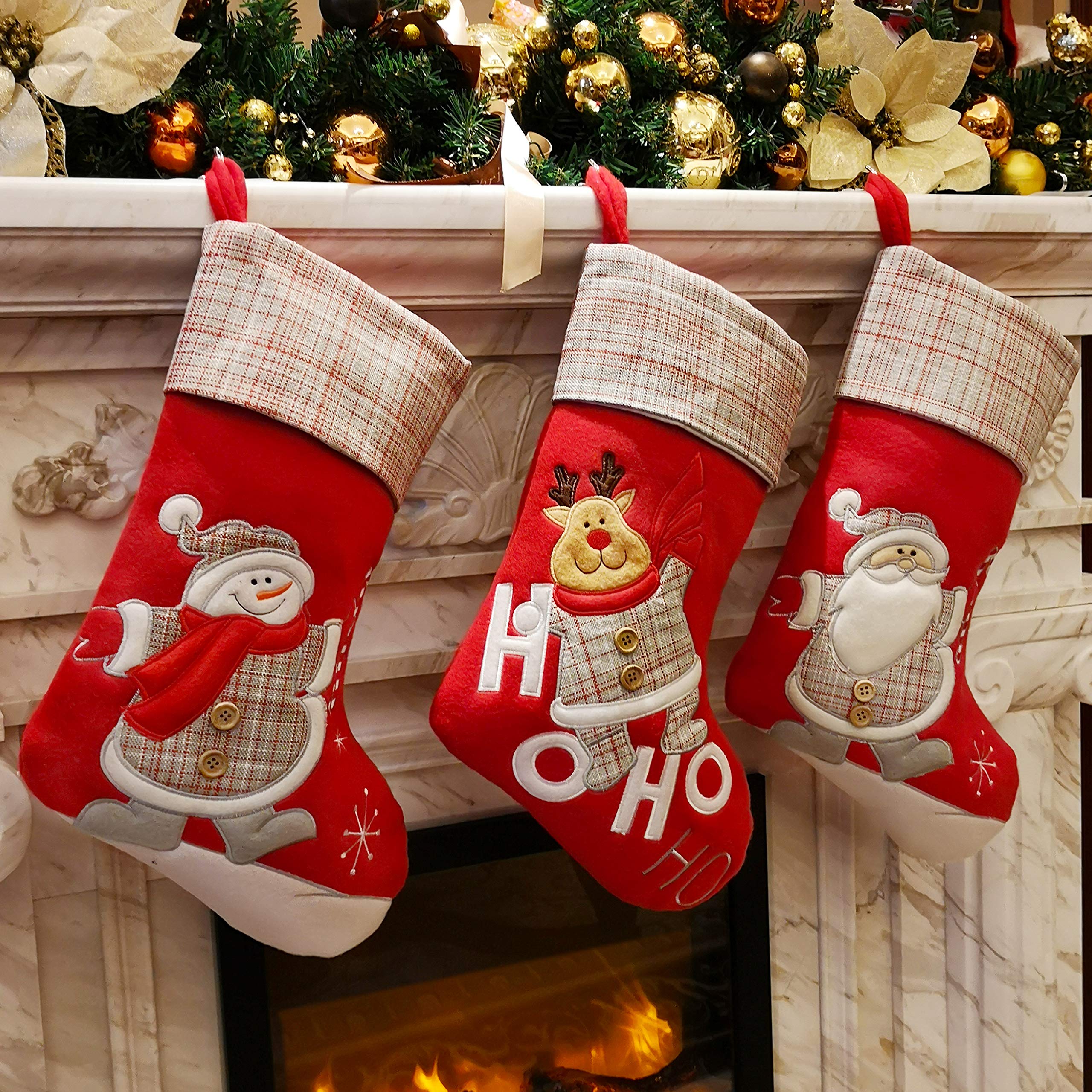 WEWILL Lovely Christmas Stockings Set of 3 Santa, Snowman, Reindeer, Xmas Character 3D Plush Linen Hanging Tag Knit Border for F