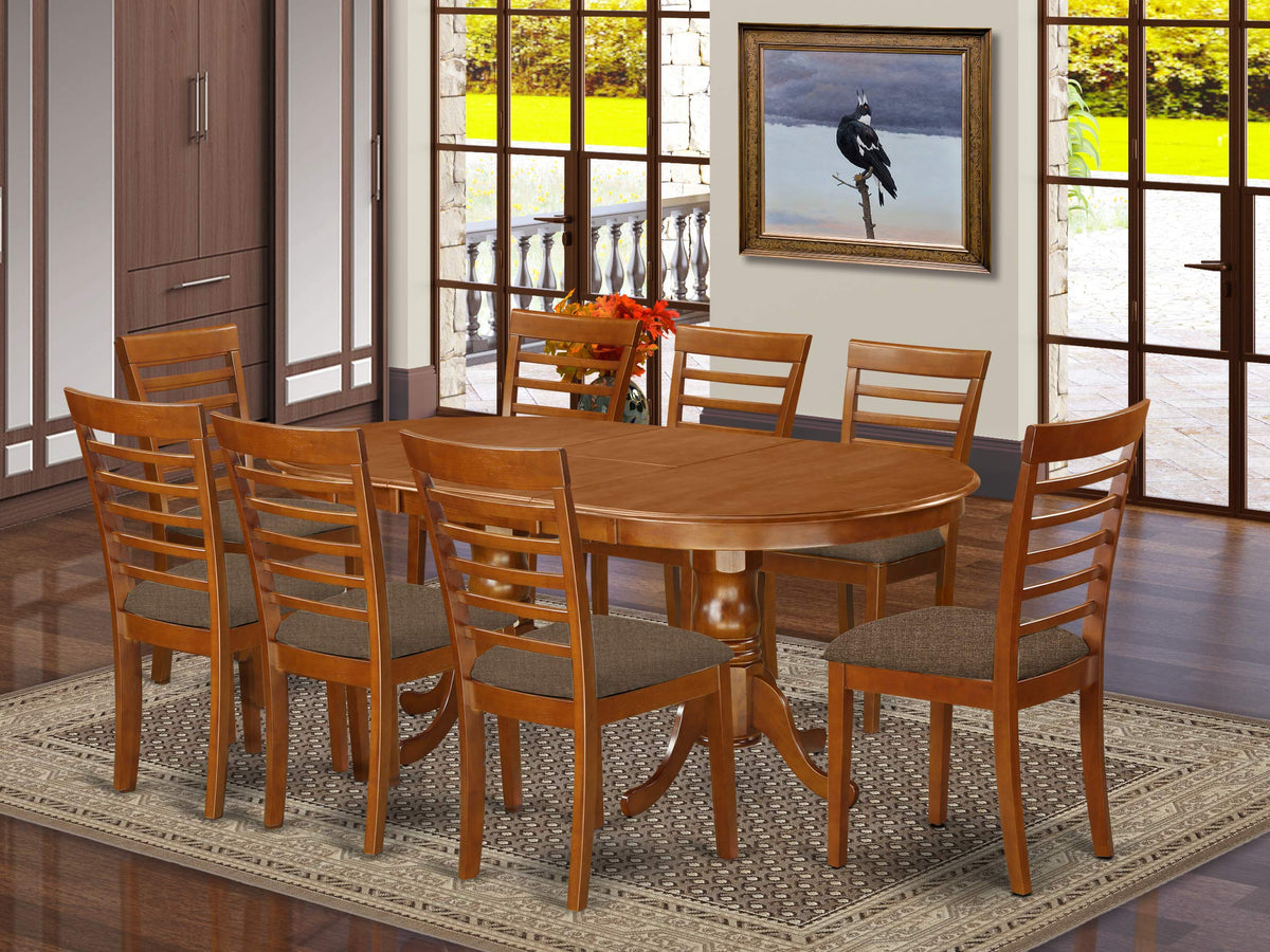 East West Furniture PLML9-SBR-C 9 Piece Kitchen Table Set Includes an Oval Dining Table with Butterfly Leaf and 8 Linen Fabric Dining Room Chairs, 42x78 Inch, Saddle Brown