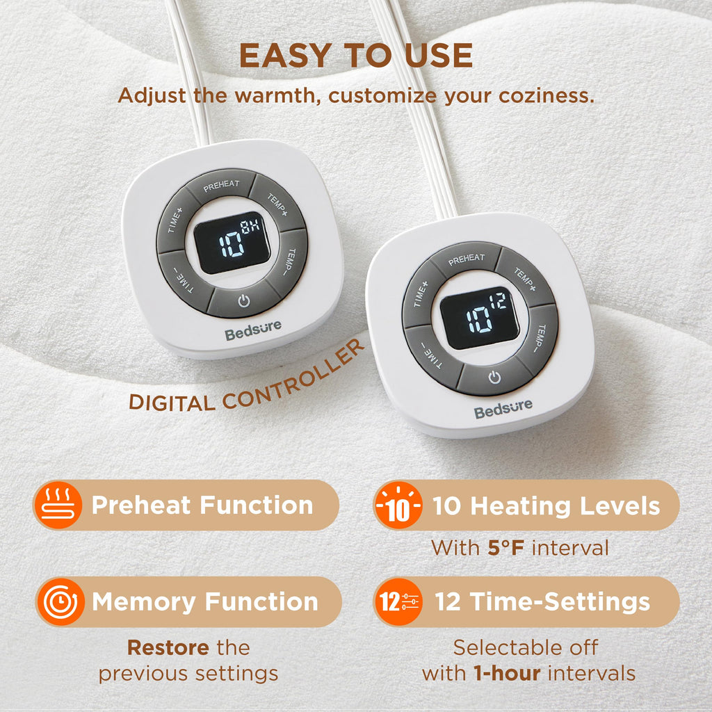 Bedsure Heated Mattress Pad Queen - Bed Warmer With Memory & Preheat Function, 12-Hour Timer & 10 Heat Settings With Dual Contro