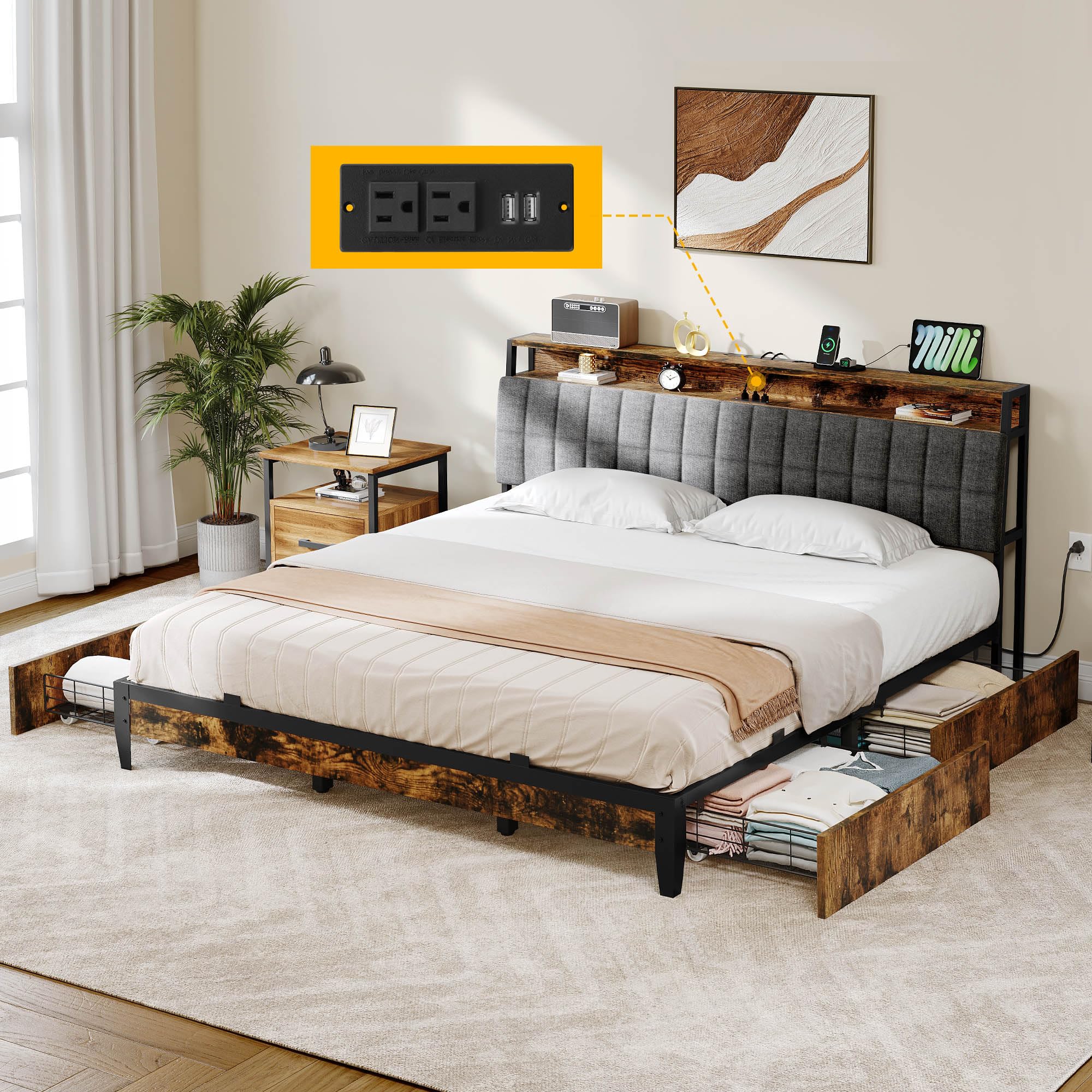 YITAHOME King Size Bed Frame, Upholstered Platform Bed Frame with 4 Drawers/Charging Station, Storage Headboard Metal Bed Frame 