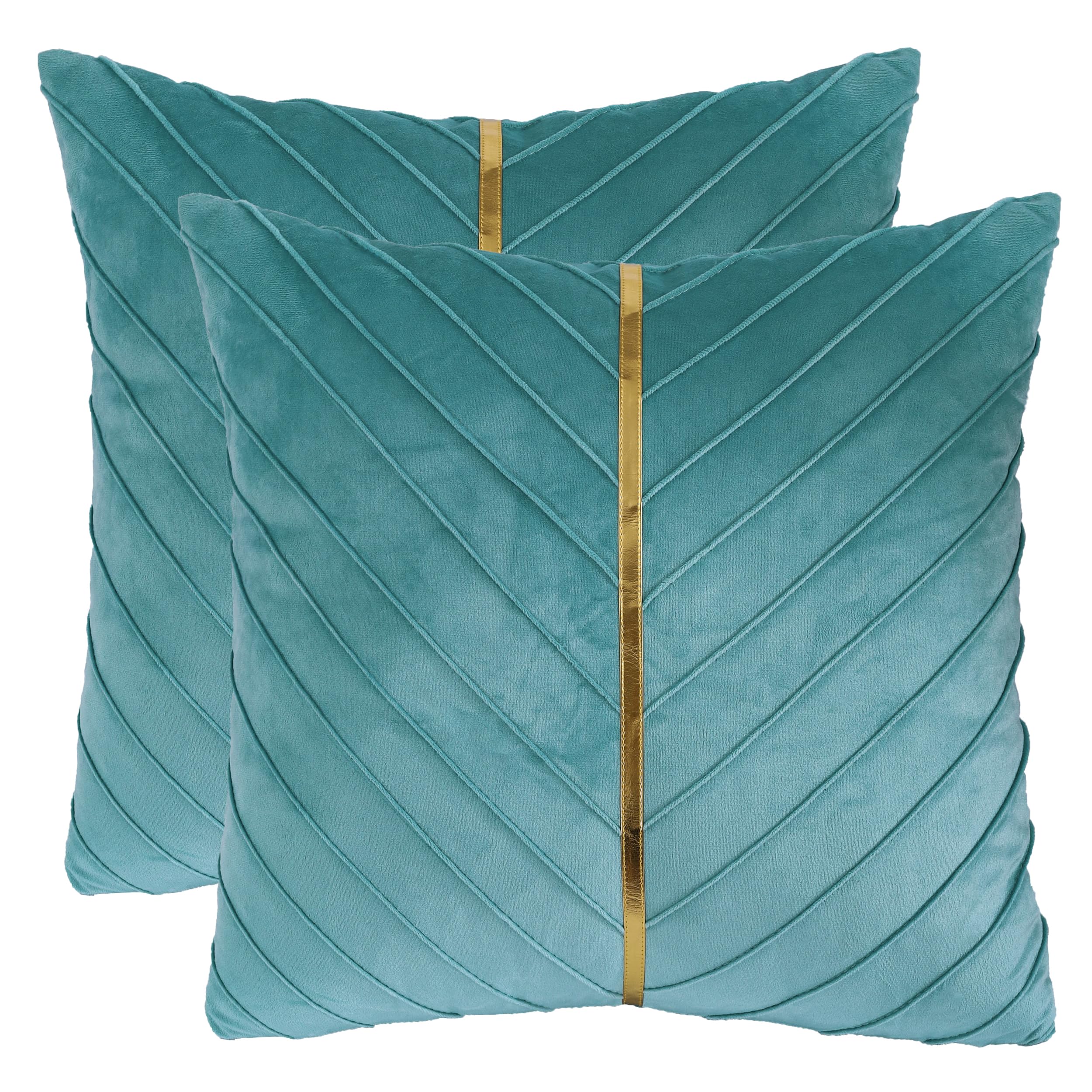 Tosleo Aqua Green Velvet Throw Pillow Covers 18X18 Inch Pack Of 2 With Gold Leather Decorative Couch Pillow Cover Luxury Modern