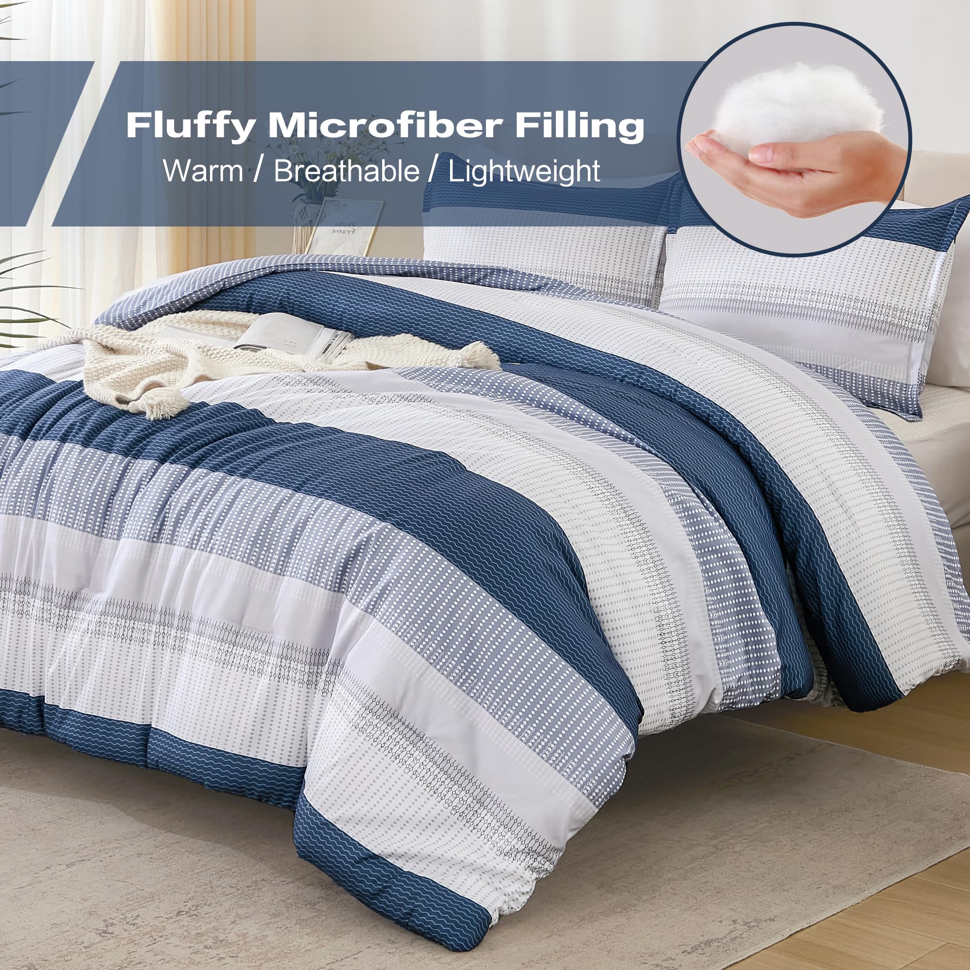 Litanika Full Comforter Set Mineral Blue - 3 Pieces Lightweight Fluffy Bedding Comforter Sets, All Season Down Alternative Comfo