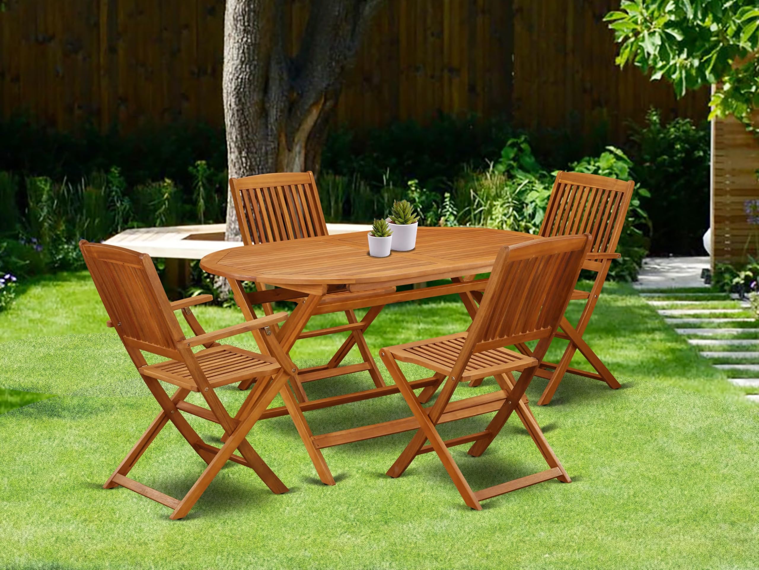 East West Furniture Dicm52Cana 5 Piece Patio Dining Set Includes An Oval Outdoor Acacia Wood Table And 2 Folding Arm Chairs With 2 Side Chairs, 36X60 Inch, Natural Oil