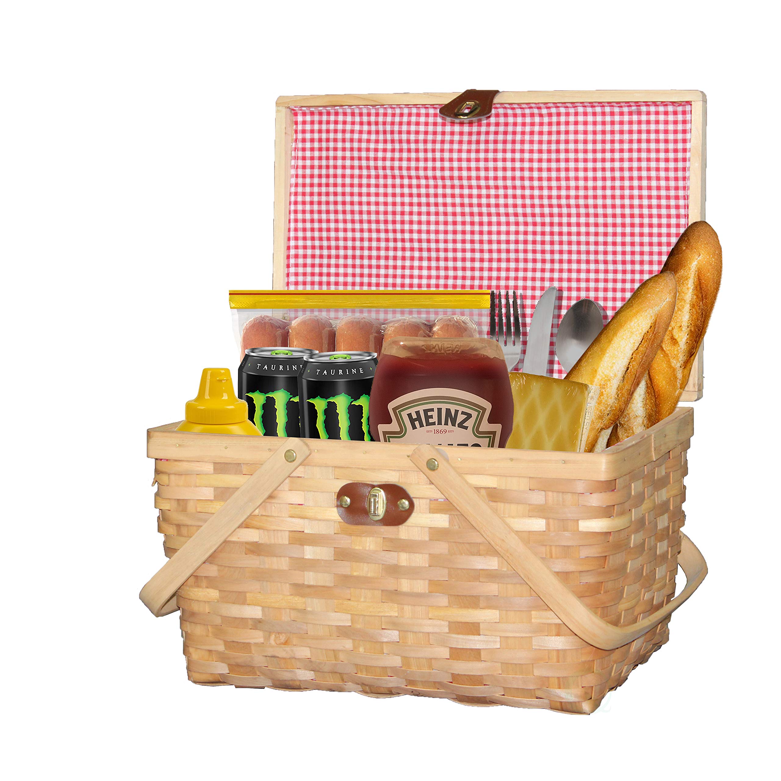 Vintiquewise.Com Gingham Lined Woodchip Picnic Basket With Lid And Movable Handles