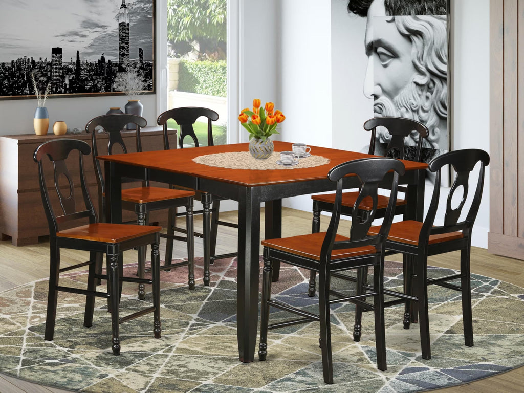 East West Furniture FAKE7H-BLK-W 7 Piece Counter Height Dining Set Consist of a Square Kitchen Table with Pedestal and 6 Dining Chairs, 54x54 Inch, Black & Cherry