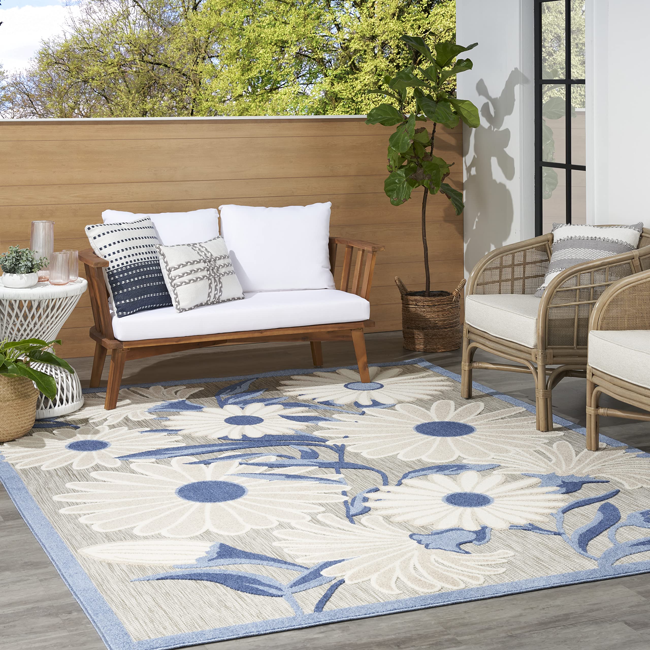 Nourison Aloha Indoor/Outdoor Blue/Grey 7' X 10' Area Rug, Easy Cleaning, Non Shedding, Bed Room, Living Room, Dining Room, Kitchen (7X10)