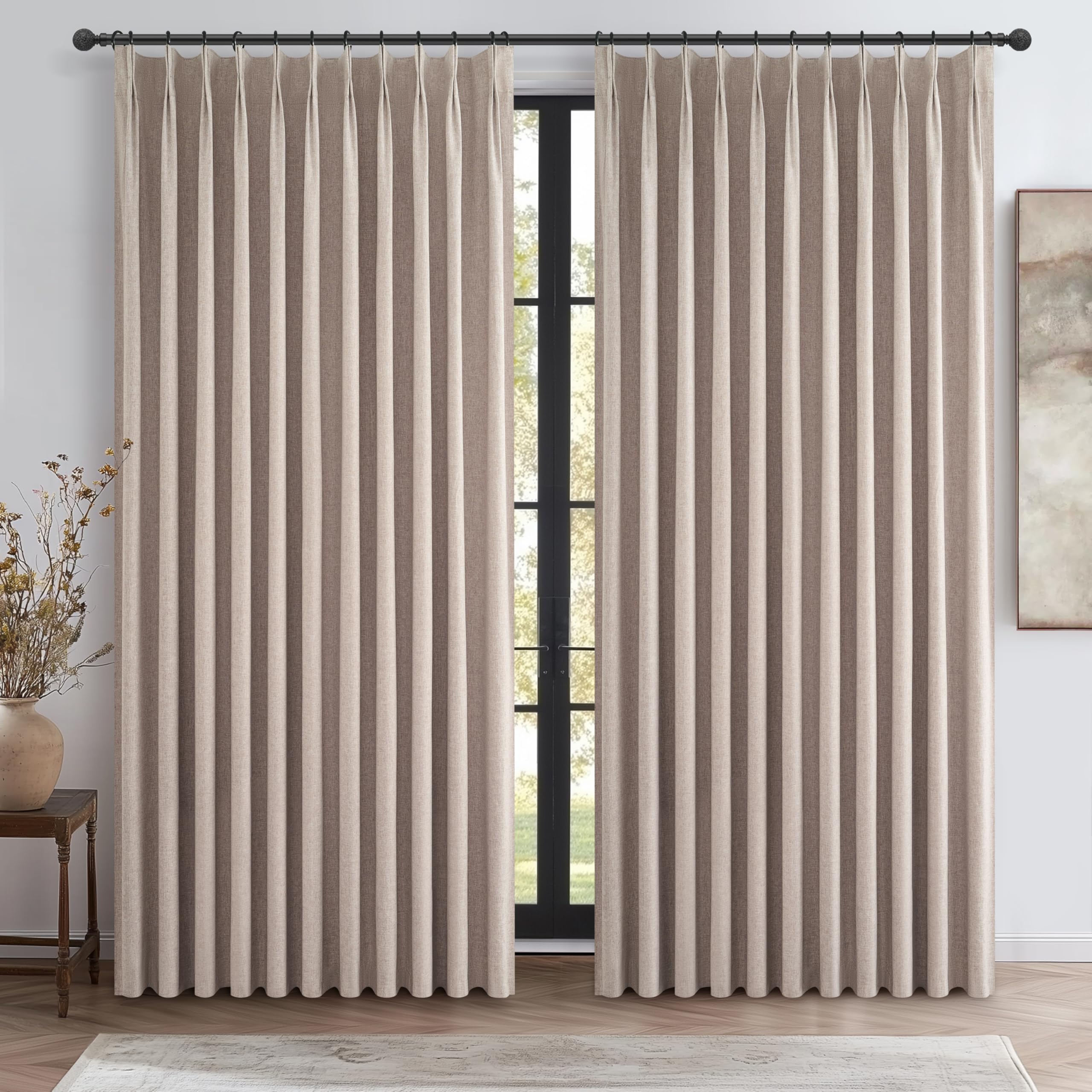 Extra Wide Thick Burlap Blackout Patio Door Curtains for Sliding Glass Door 2 Panels Set, Farmhouse Boho Pinch Pleated Flax Line