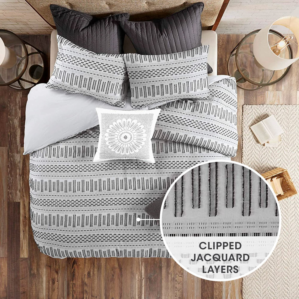 Ink+Ivy Rhea 100% Cotton Duvet Set Mid Century Modern Boho Design, All Season Comforter Cover Bedding Set, Matching Shams, Full/Queen, Geometric Clipped Jacquard Grey 3 Piece