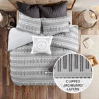 Ink+Ivy Rhea 100% Cotton Duvet Set Mid Century Modern Boho Design, All Season Comforter Cover Bedding Set, Matching Shams, Full/Queen, Geometric Clipped Jacquard Grey 3 Piece
