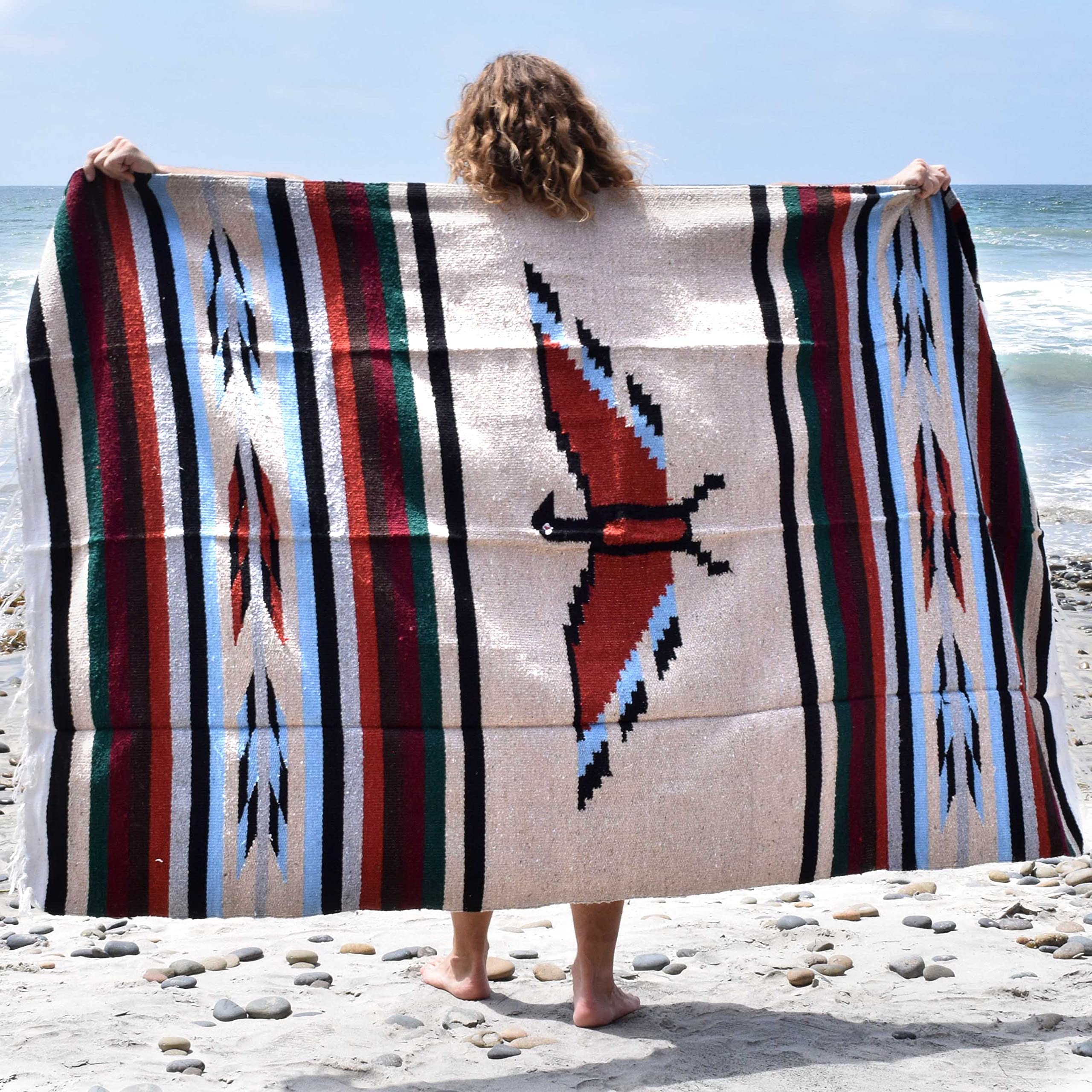 Wp West Path Mexican Thunderbird Blanket Wall Tapestry | Authentic Southwestern Blanket | Xl Thick Mexican Blanket Eagle - Tan B