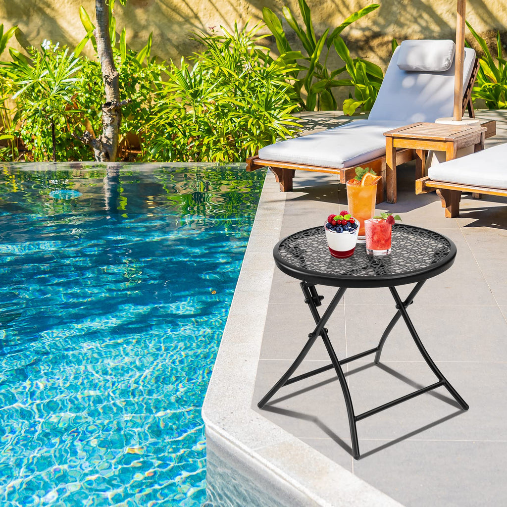 Teokj Folding Outdoor Side Tables, Anti Rust Small Patio Table Round Metal End Table With Flower Cutouts For Porch Yard Balcony Deck Lawn, Black
