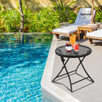 Teokj Folding Outdoor Side Tables, Anti Rust Small Patio Table Round Metal End Table With Flower Cutouts For Porch Yard Balcony Deck Lawn, Black