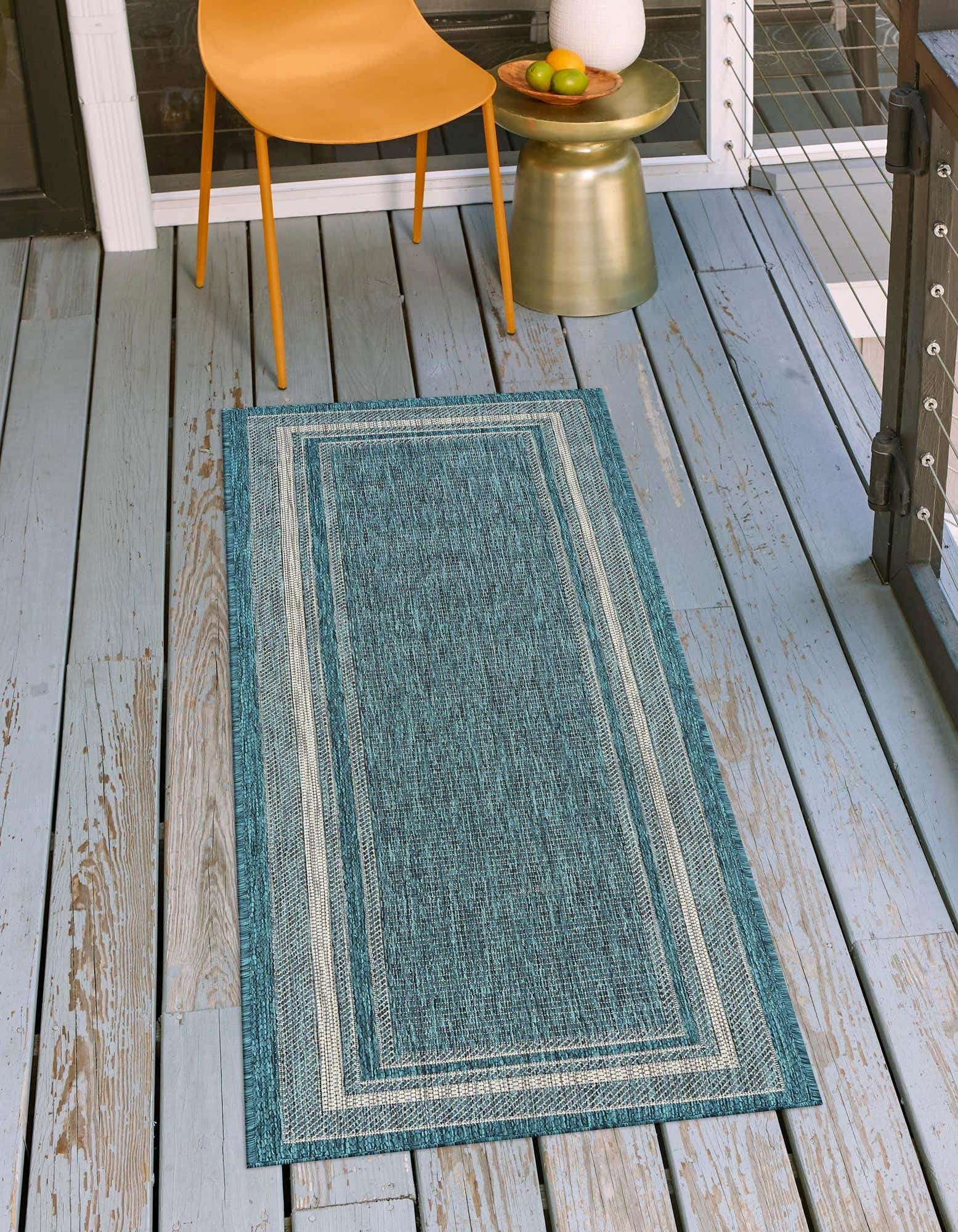 Unique Loom Outdoor Border Collection Area Rug - Soft Border (2' X 8' Runner, Teal/ Ivory)