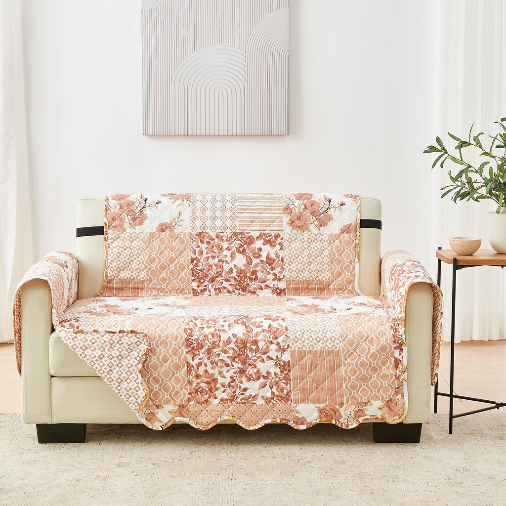 Great Bay Home Reversible Patchwork Loveseat Cover - Washable Slipcover Furniture Protector With Elastic Straps - Couch Cover For Dogs, Kids, And Pets - Box-Stitched Detail (Loveseat, Dusty Rose)
