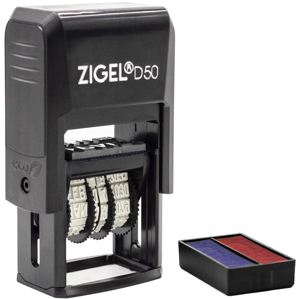 Zigel D50 Date Stamp With Your Custom Text - Self Inking Date Stamp - Blue/Red