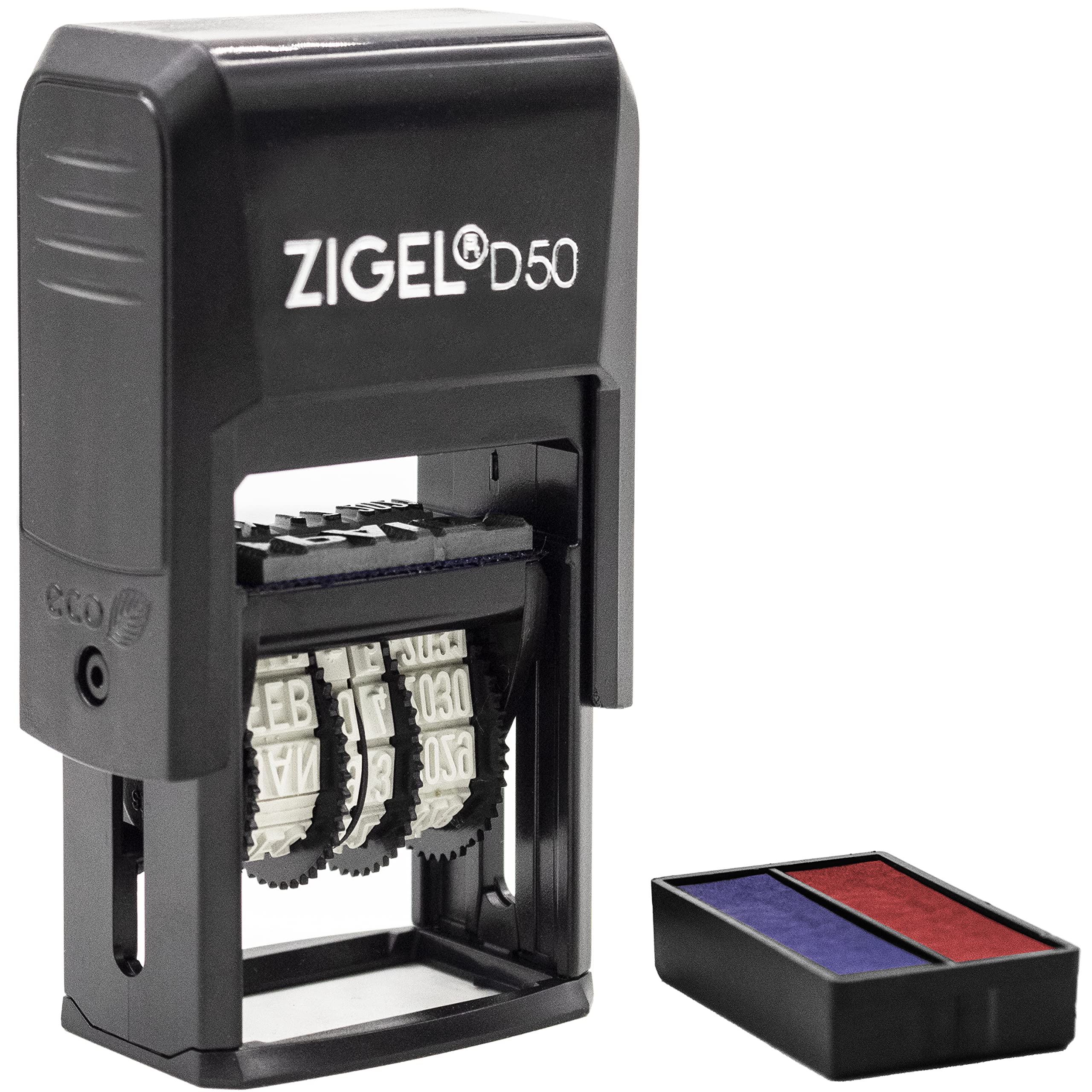 Zigel D50 Date Stamp With Your Custom Text - Self Inking Date Stamp - Blue/Red