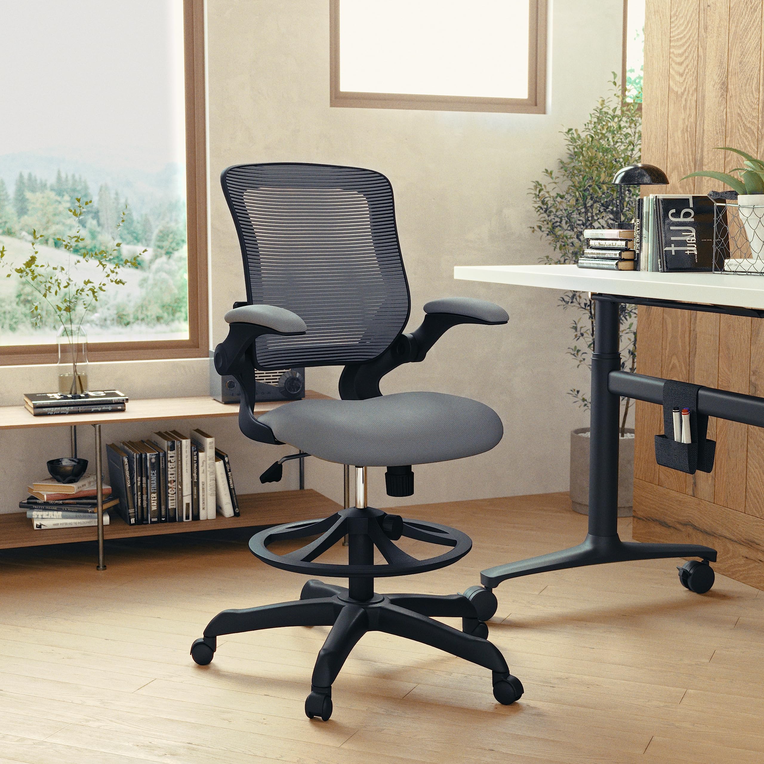 Flash Furniture Kale Mid-Back Swivel Office Chair with Height Adjustable Foot Ring and Lumbar Support, Mesh Executive Chair with Armrests, Dark Gray
