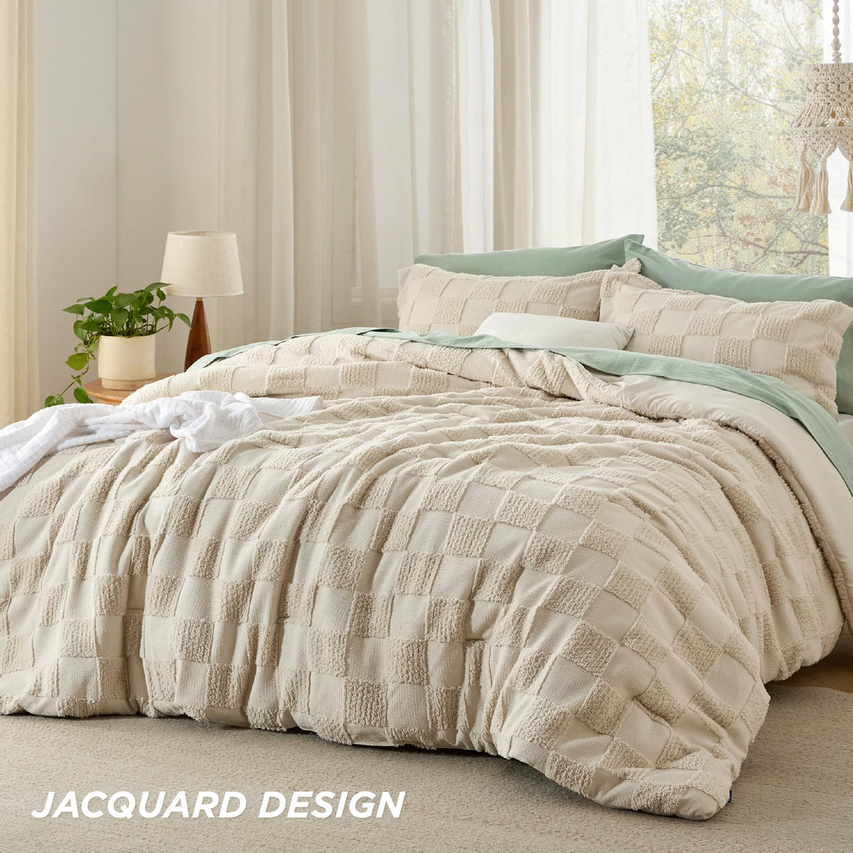 Bedsure Twin/Twin Xl Comforter Set Dark Grey, Boho Tufted Bedding Comforter Set, Checkered Farmhouse Shabby Chic Bed Set, 2 Pieces, 1 Plaid Geometric Comforter And 1 Pillow Sham