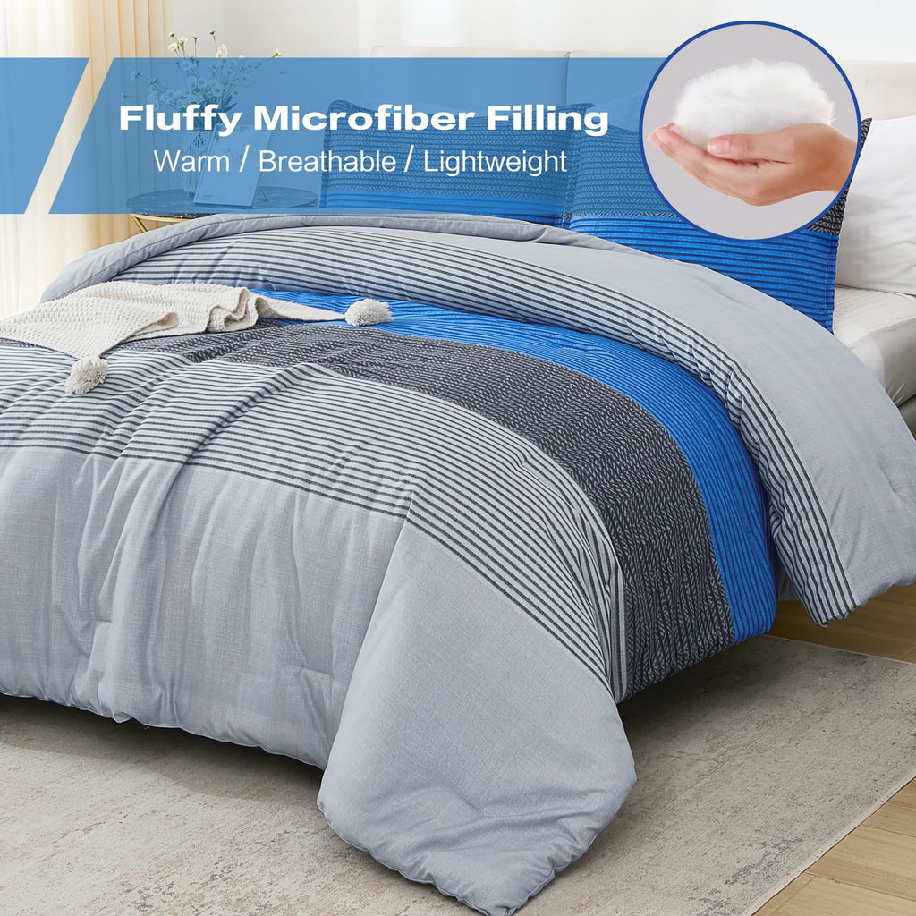 Litanika Bed Comforter Queen Set Grey Blue, Striped Bedding Comforter Set, 3 Pieces Lightweight Soft All Season Down Alternative