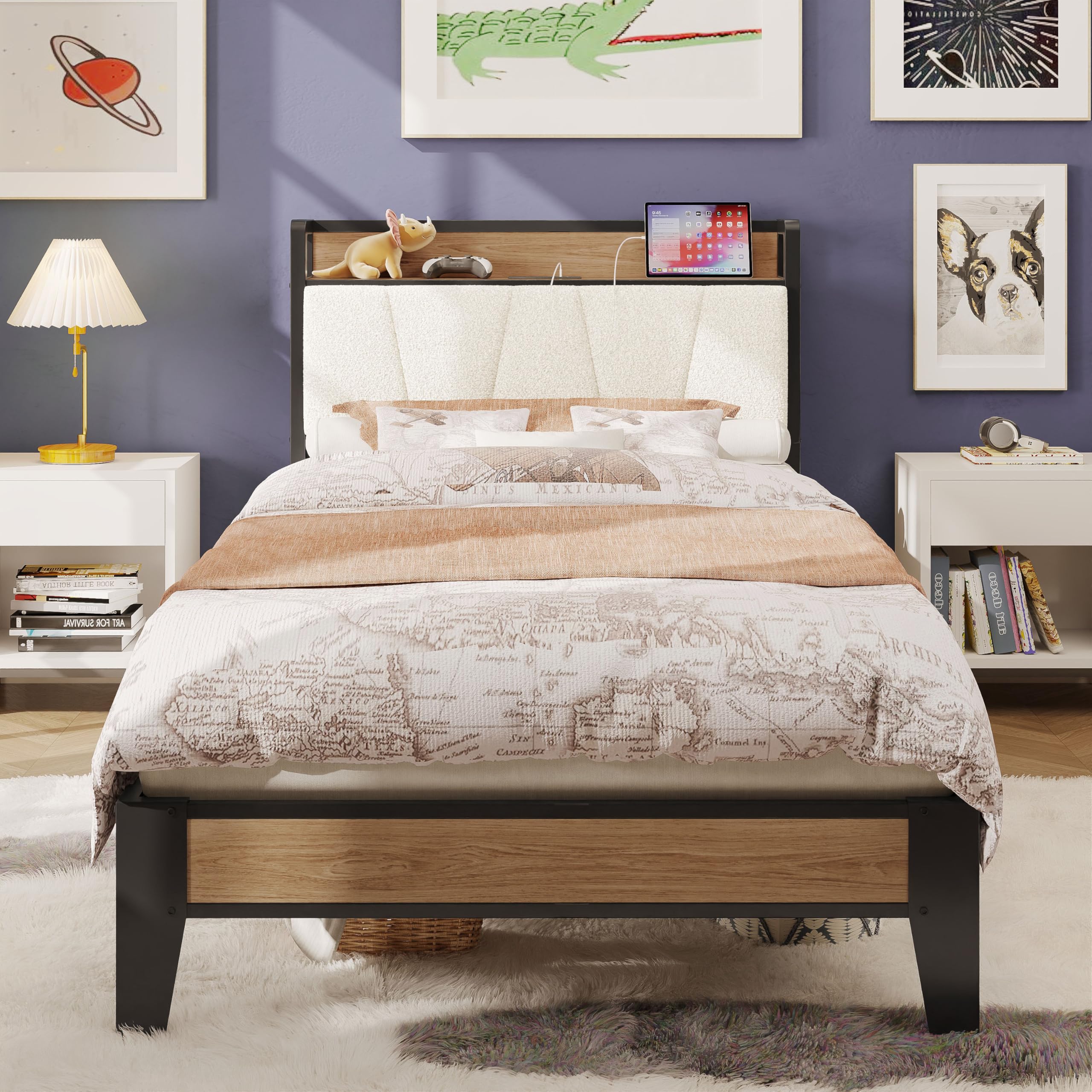 LIKIMIO Twin Bed Frames, Storage Headboard with Charging Station, Solid and Stable, Noise Free, No Box Spring Needed, Easy Assem