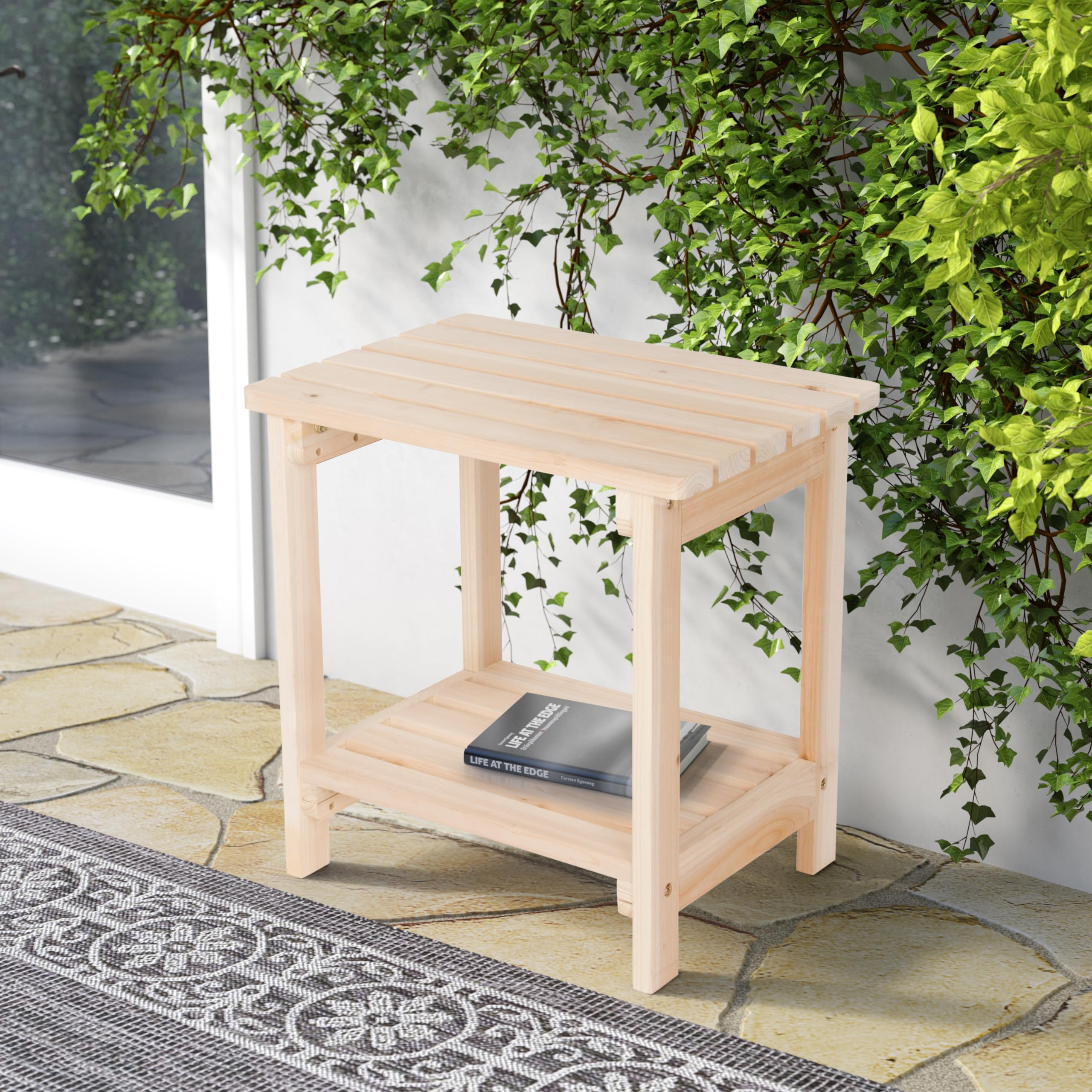 Shine Company Providence Rectangular Solid Wood Side Table, Outdoor Adirondack Small Patio Table – Natural