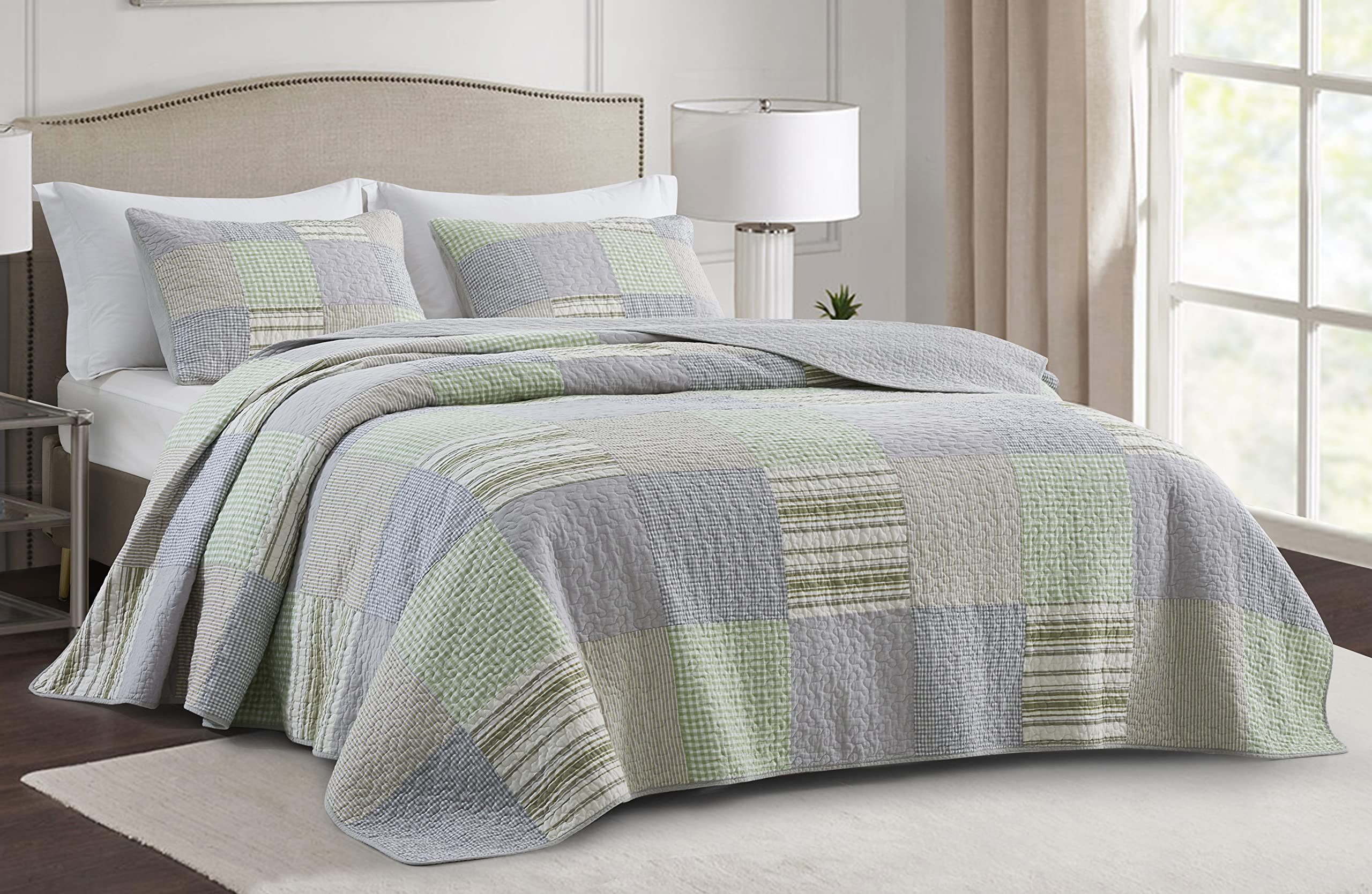 Chezmoi Collection Bellamy 3-Piece Boho Chic Patchwork Quilt Set - Green Gray White Plaid Candy Stripe Reversible Bedspread - Pr