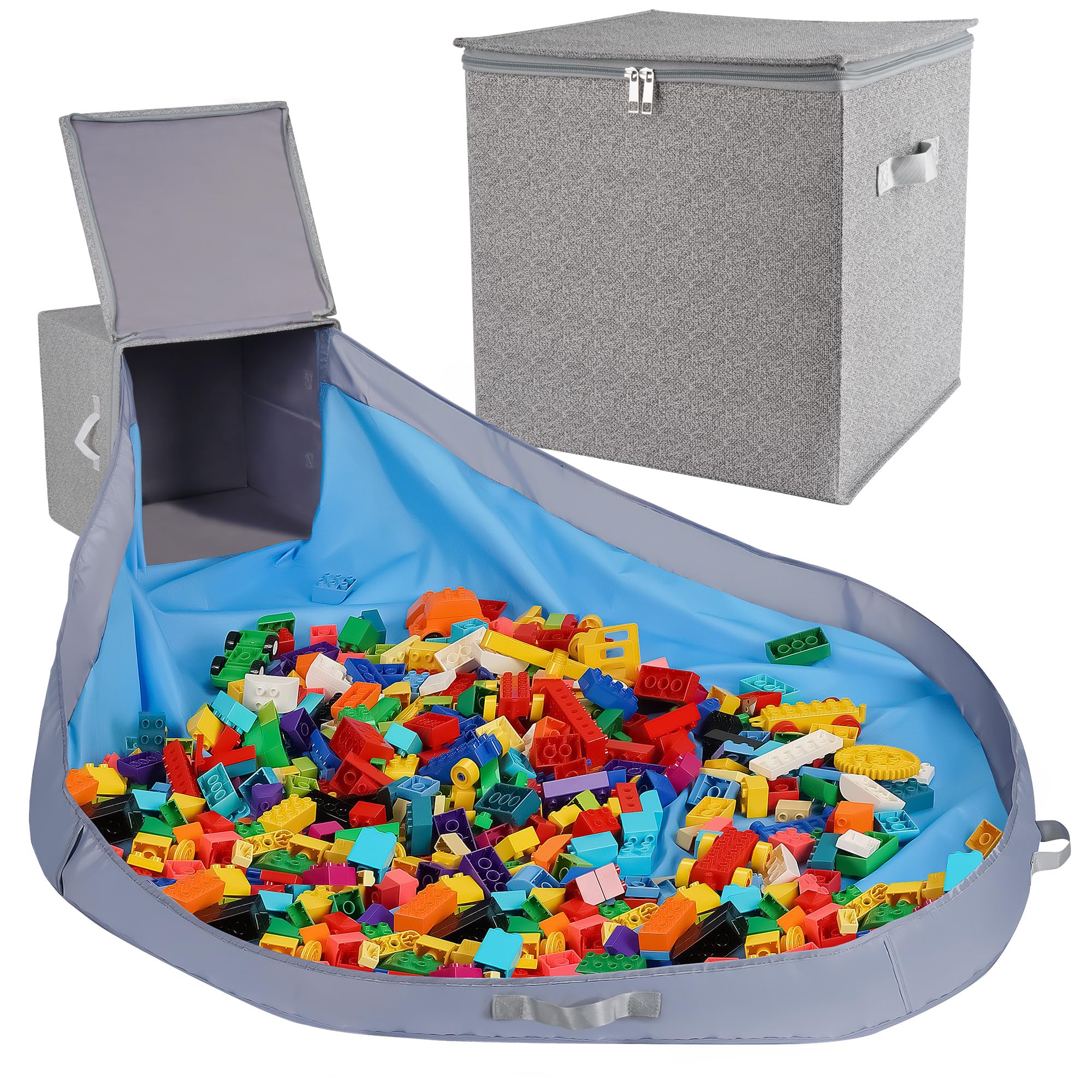 SAM AND MABEL Toy Storage Organizer with Play Mat - 13 x 13 x 13 Storage Box for Kids Playroom, Stackable and Foldable Nursery 