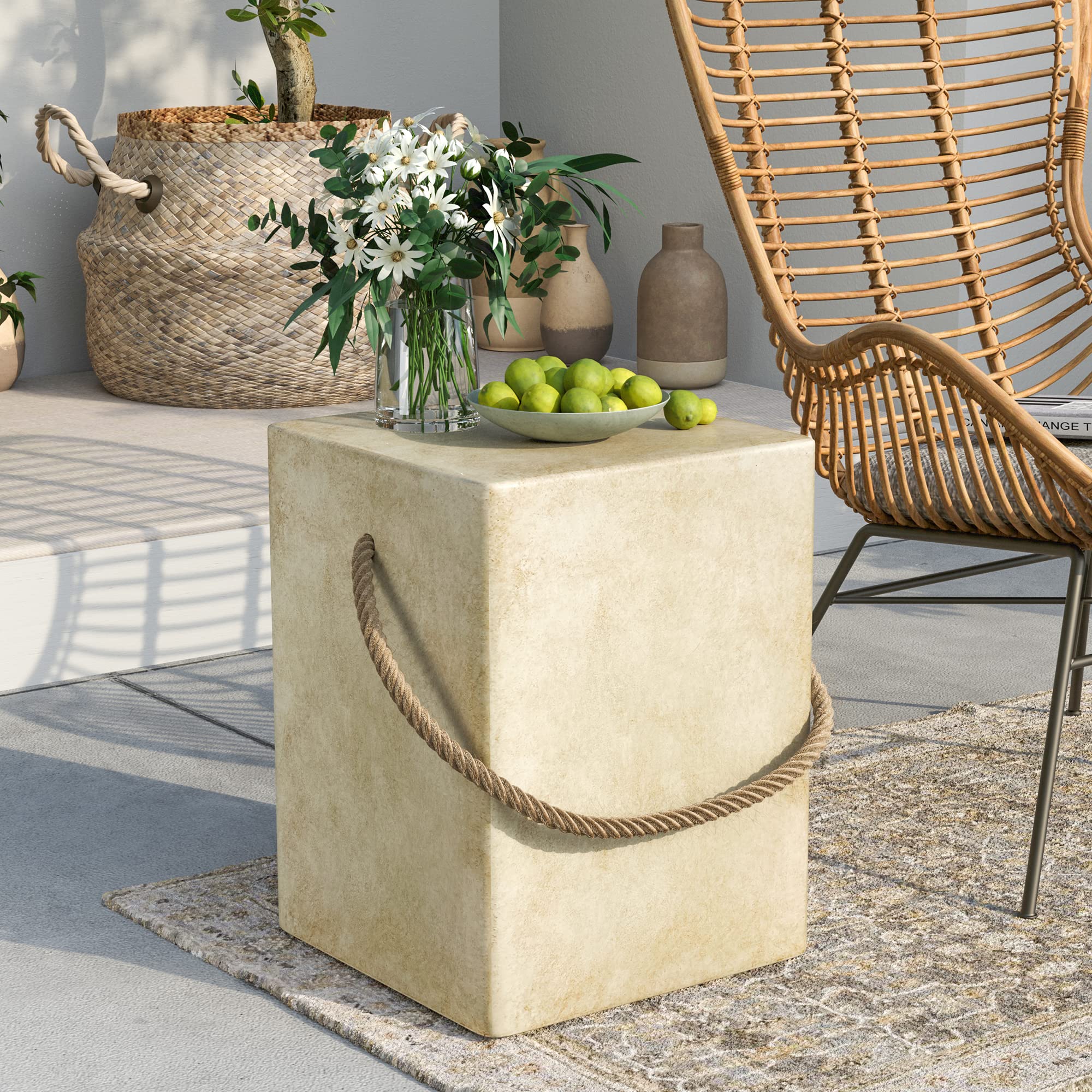 Sunbury Outdoor Side Table, Concrete Side Table For Patio,18'H Small Outdoor Side Table End Tale W Hemp Rope, Indoor & Patio Accent Table Coffee Table Warm Gray, Ceramic Side Table Garden Plant Stands
