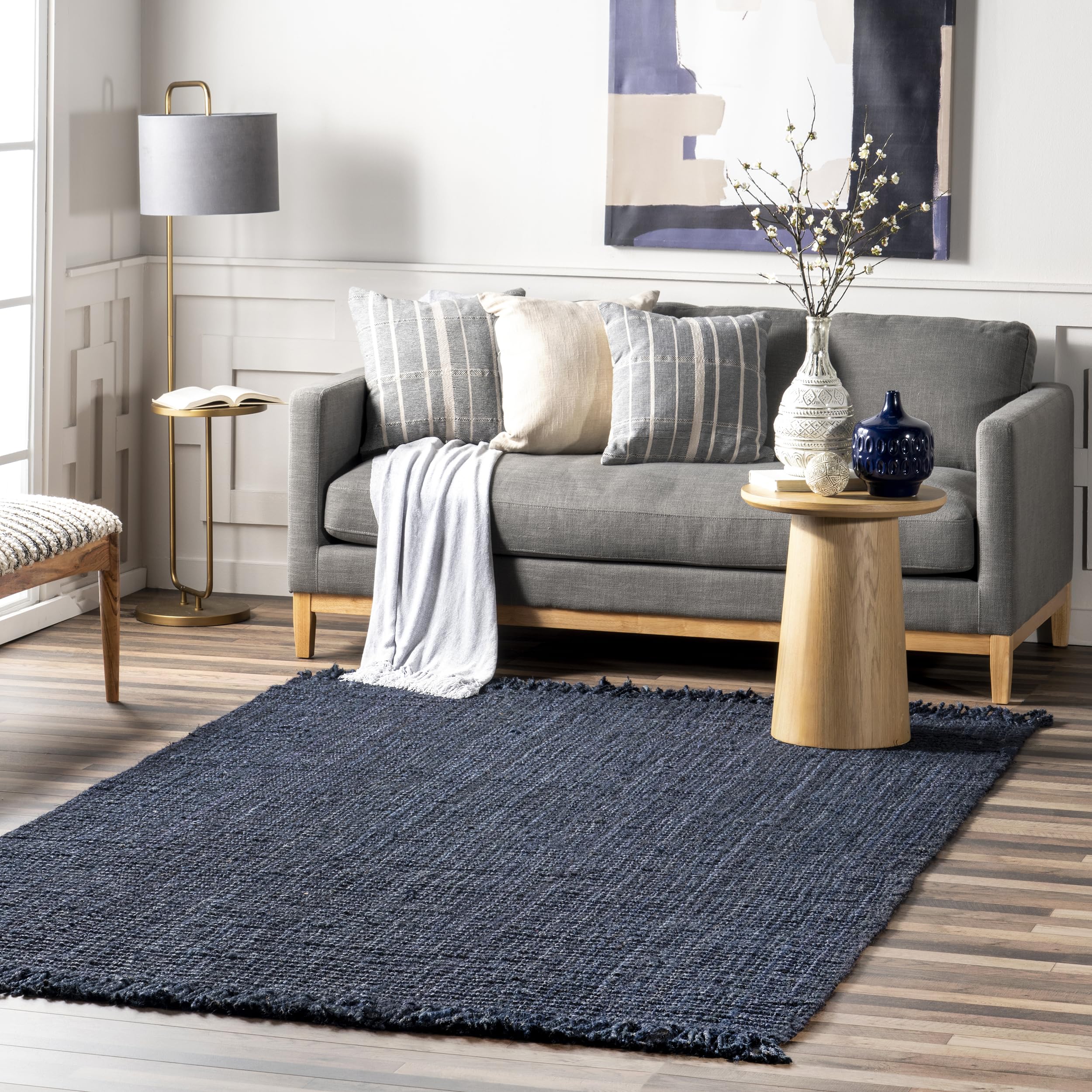 nuLOOM 6x9 Daniela Jute Tassel Hand Woven Area Rug, Navy, Solid Chunky Farmhouse Design, Natural Fiber, For Bedroom, Dining Room