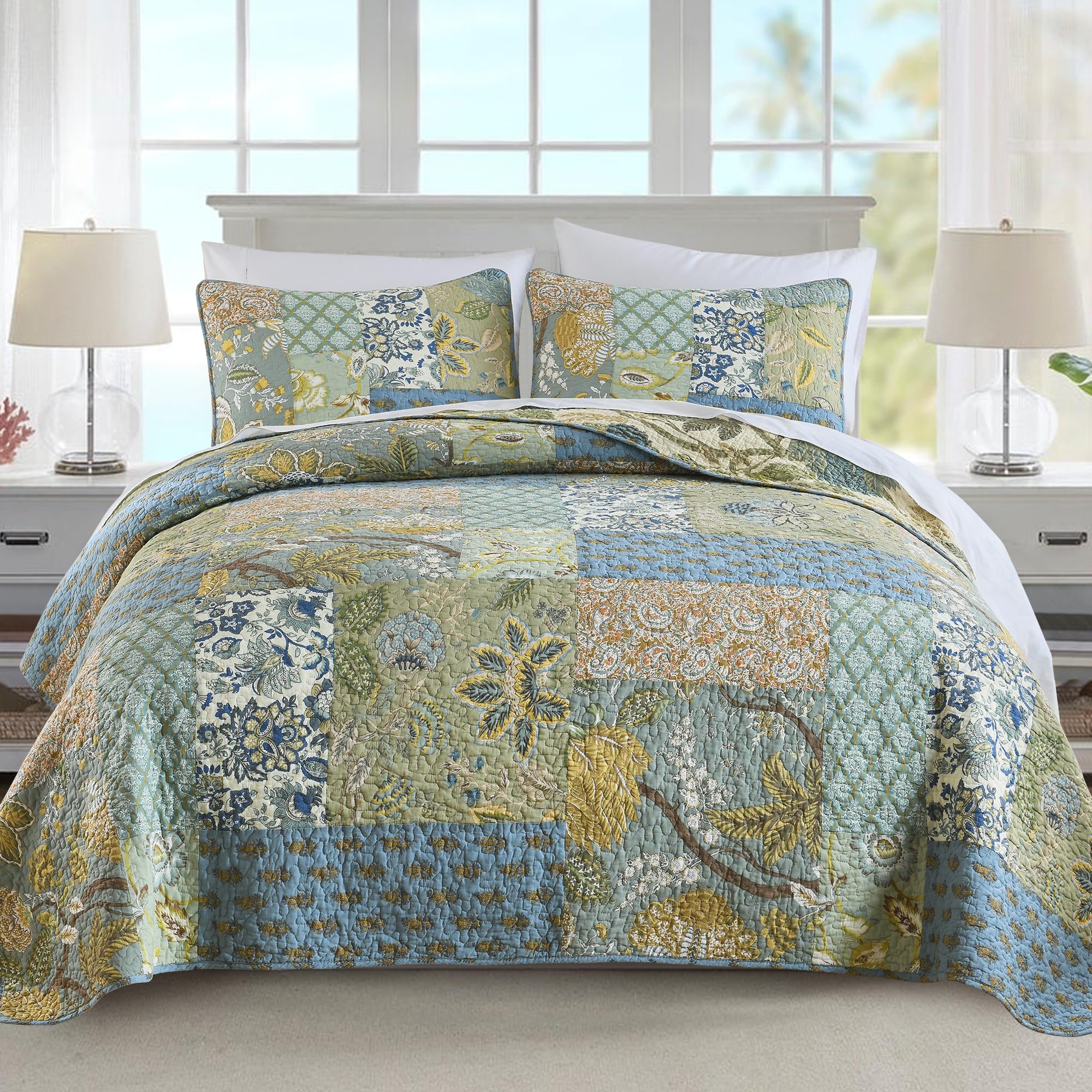 Newlake Quilt Set California King Size, 100% Cotton Patchwork Green Bohemian Quilt Sets, Reversible Bedspread Lightweight And Br