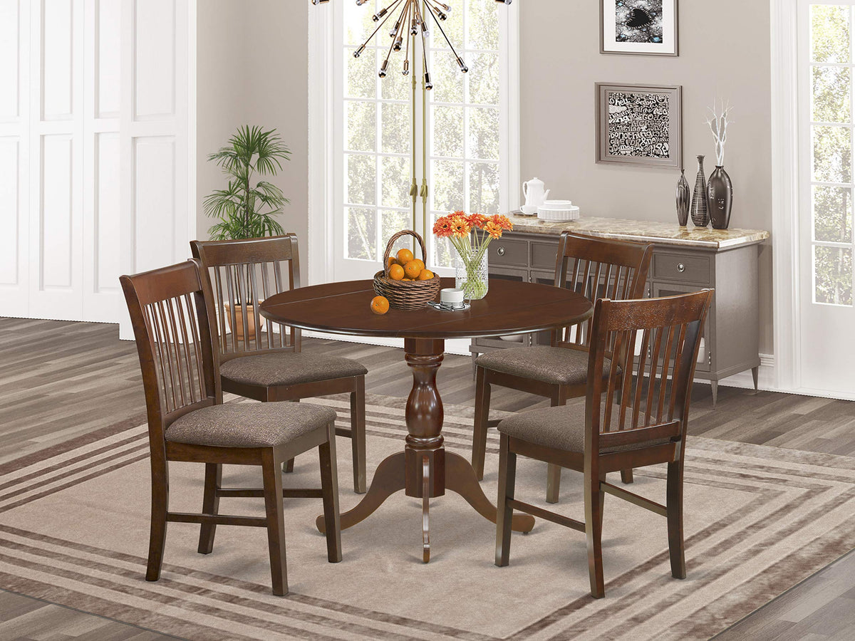 East West Furniture DMNF5-MAH-C 5 Piece Dining Set Includes a Round Dining Room Table with Dropleaf and 4 Linen Fabric Upholstered Kitchen Chairs, 42x42 Inch, Mahogany