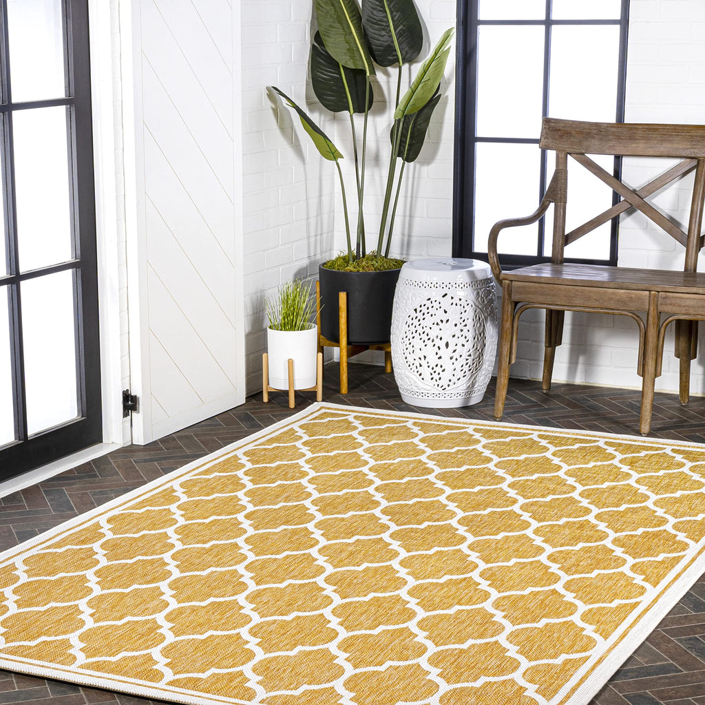Jonathan Y Smb109F-9 Trebol Moroccan Trellis Textured Weave Indoor Outdoor Area Rug, Bohemian Coastal Contemporary Easy Cleaning,Bedroom,Kitchen,Backyard,Patio,Non Shedding, 9 X 12, Yellow/Cream