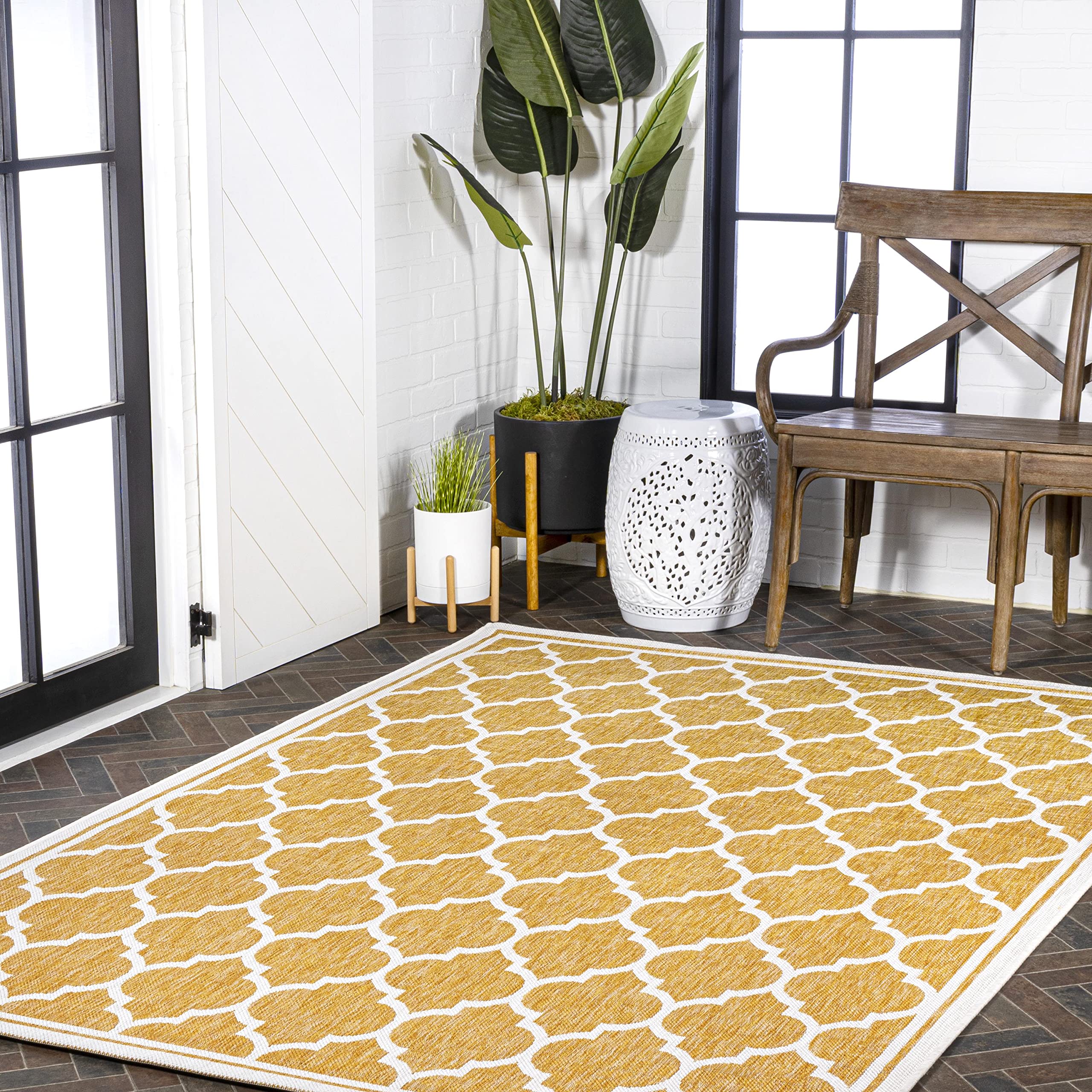 Jonathan Y Smb109F-9 Trebol Moroccan Trellis Textured Weave Indoor Outdoor Area Rug, Bohemian Coastal Contemporary Easy Cleaning,Bedroom,Kitchen,Backyard,Patio,Non Shedding, 9 X 12, Yellow/Cream