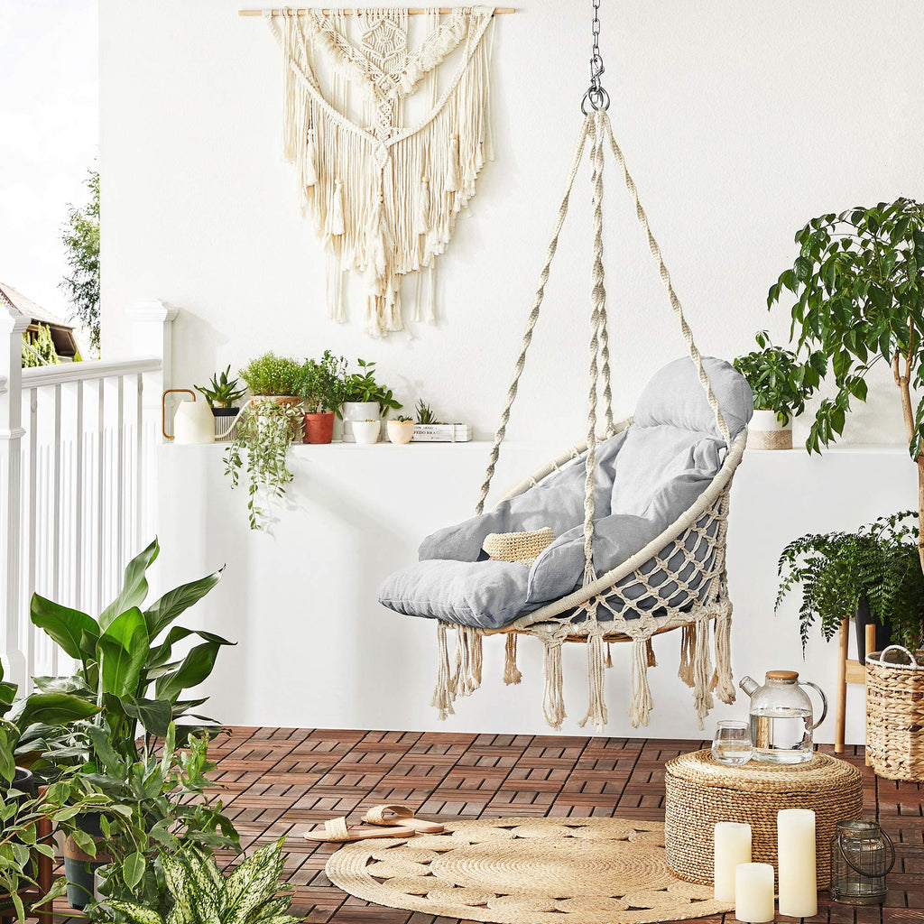 Songmics Hanging Chair, Hammock Chair With Large, Thick Cushion, Swing Chair, Holds Up To 264 Lb, For Terrace, Balcony, Garden, Living Room, Scandinavian, Shabby Chic, Cloud White And Gray Ugdc042G01
