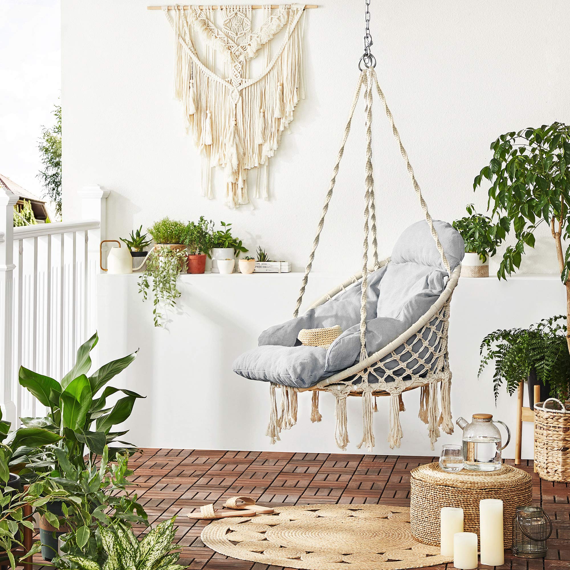 Songmics Hanging Chair, Hammock Chair With Large, Thick Cushion, Swing Chair, Holds Up To 264 Lb, For Terrace, Balcony, Garden, Living Room, Scandinavian, Shabby Chic, Cloud White And Gray Ugdc042G01