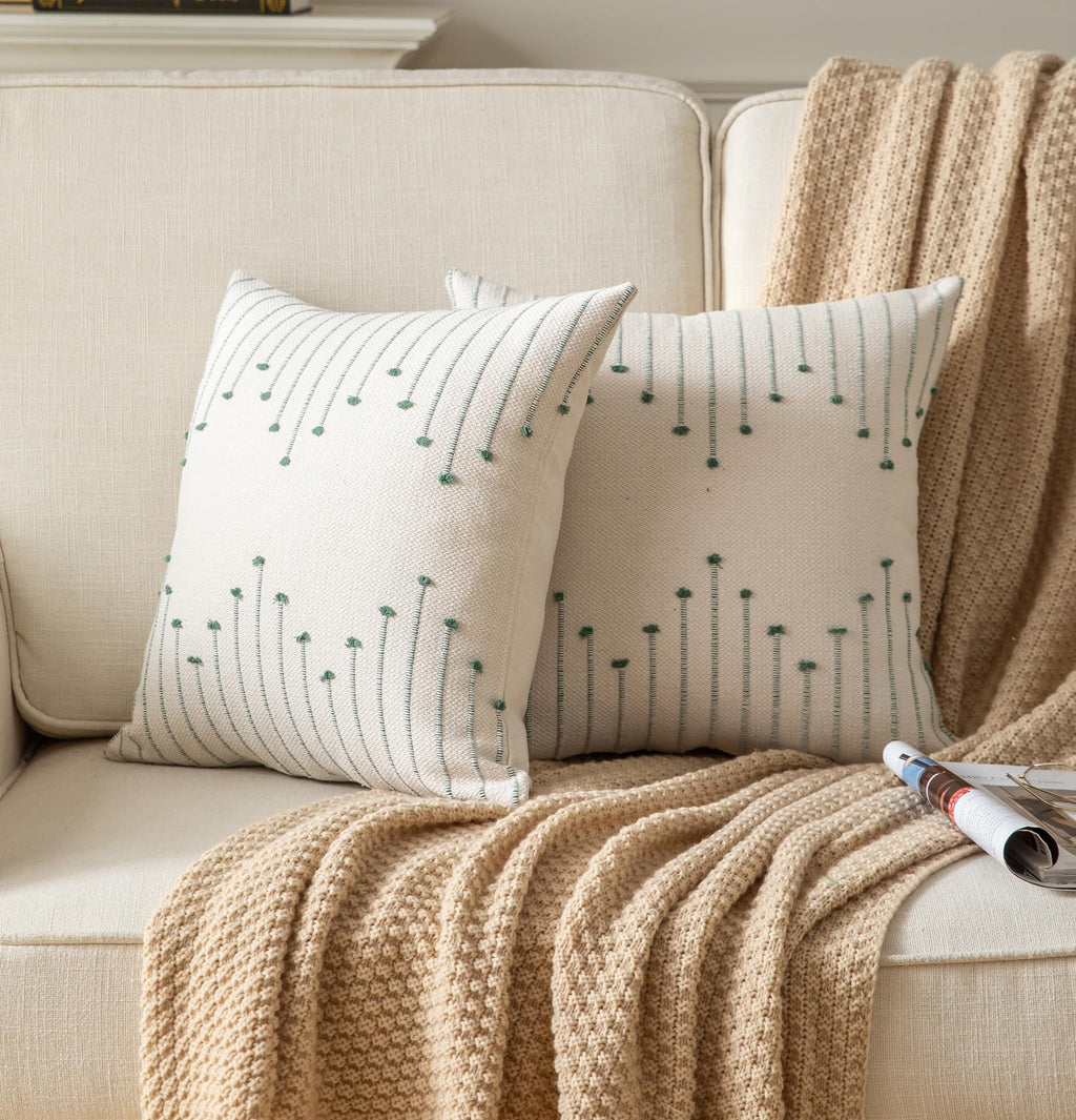 Caflife Boho Throw Pillow Covers 24X24 Set Of 2 Decorative Pillows For Bed, Neutral Pillow Covers Beige With Green Line Throw Pi