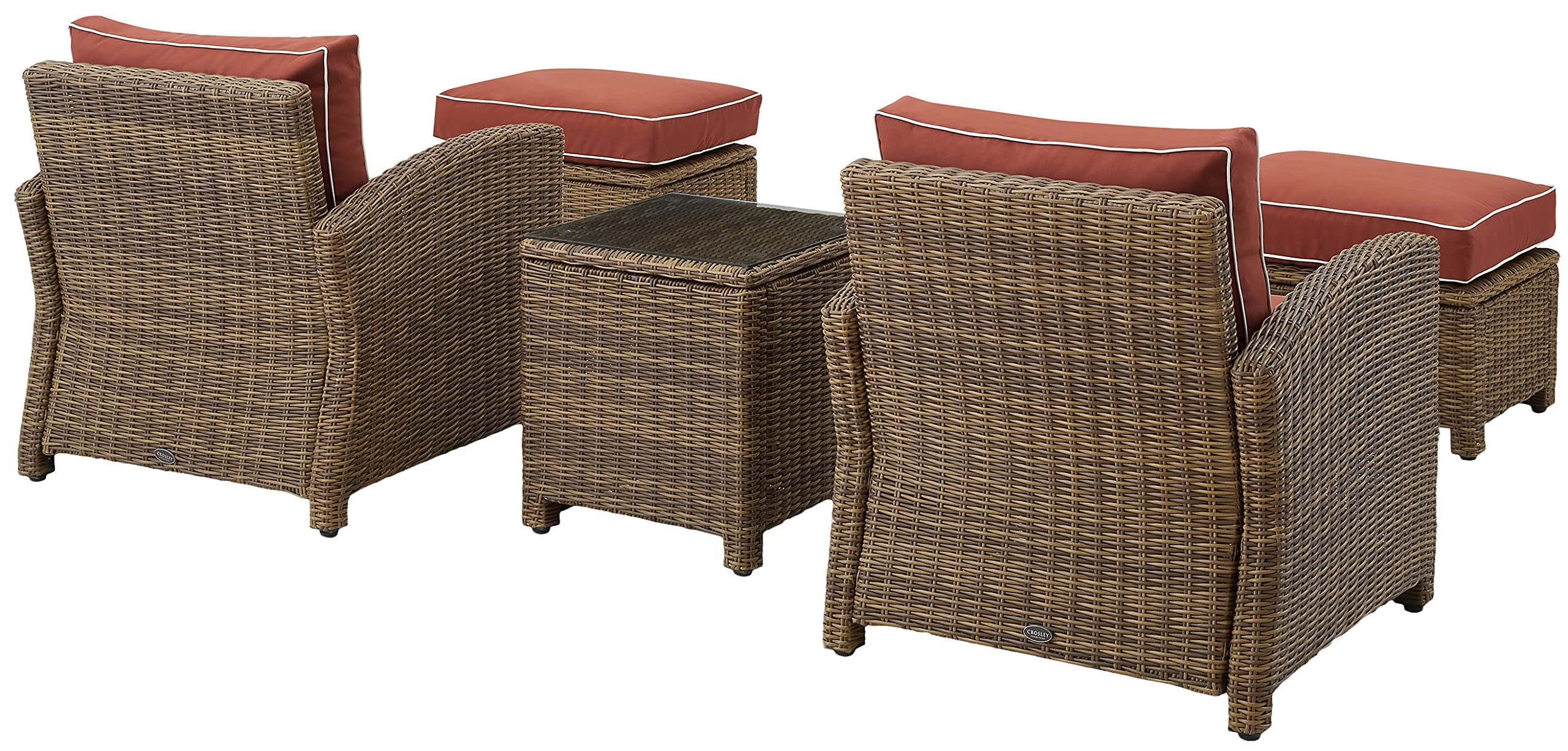 Crosley Furniture Bradenton 5-Piece Outdoor Chair Patio Furniture Set, Wicker Conversation Sets for Porch, Weathered Brown with Sangria Cushions