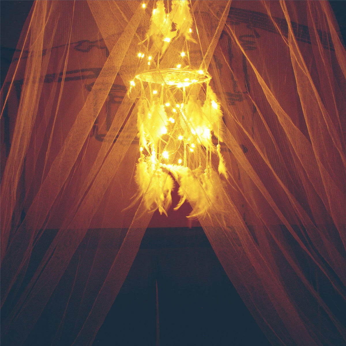 Bed Canopy With Double Circle White Feather Dream Catcher And 50 Led Fairy String Lights, Mosquito Net - Unique Style Dome Bed N